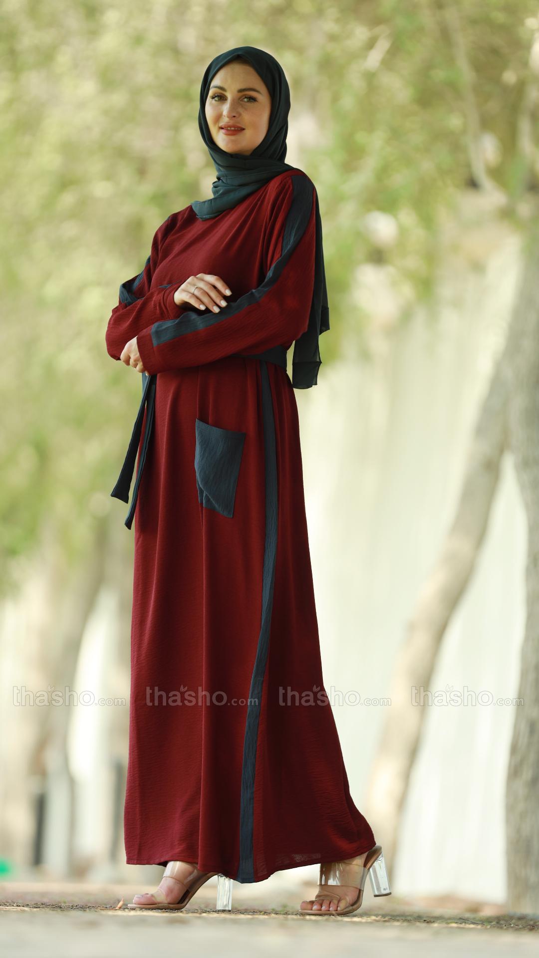 Maroon and Dark Grey Modest Dress with a One Side Pocket and a Belt 