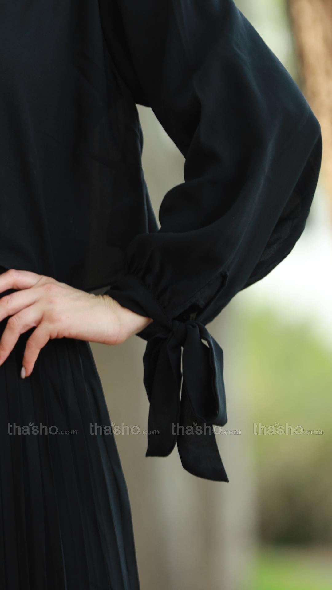 Black Pleated Modest Dress with a TieUp Neck and Sleeves 