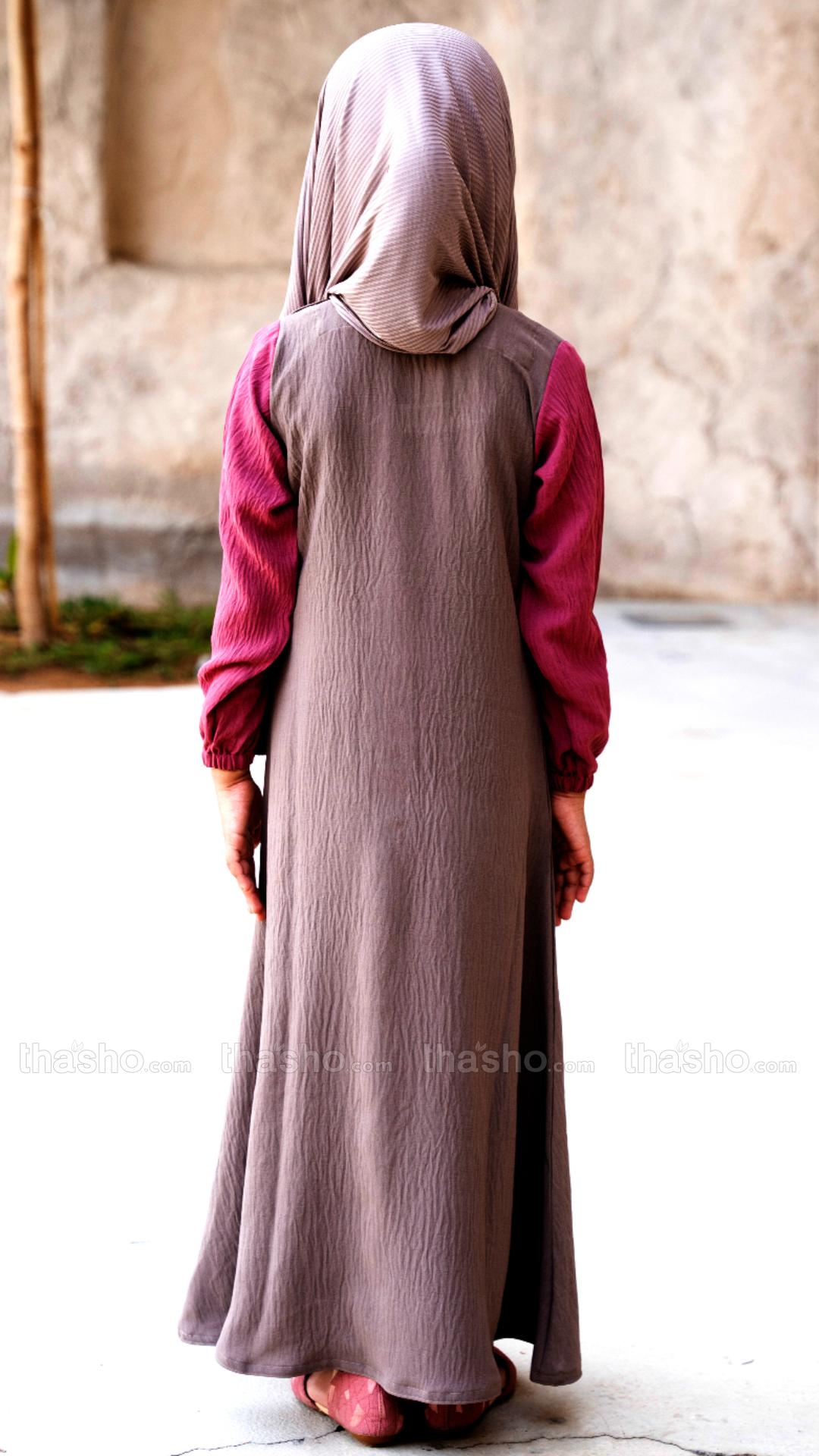 Brown and Puce Pink Kids Abaya with Show Buttons on the Front