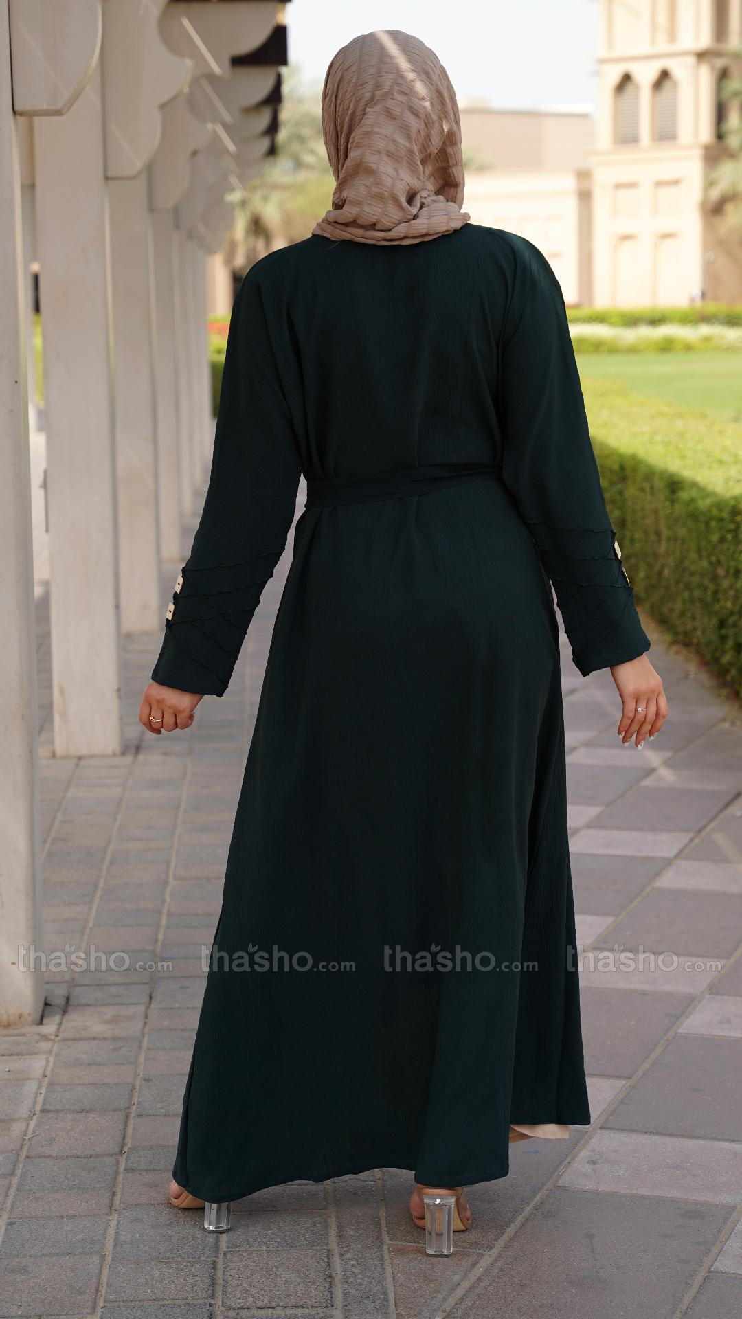 Cream and Dark Green Shrug Abaya with a Belt and Show Buttons on the Front 