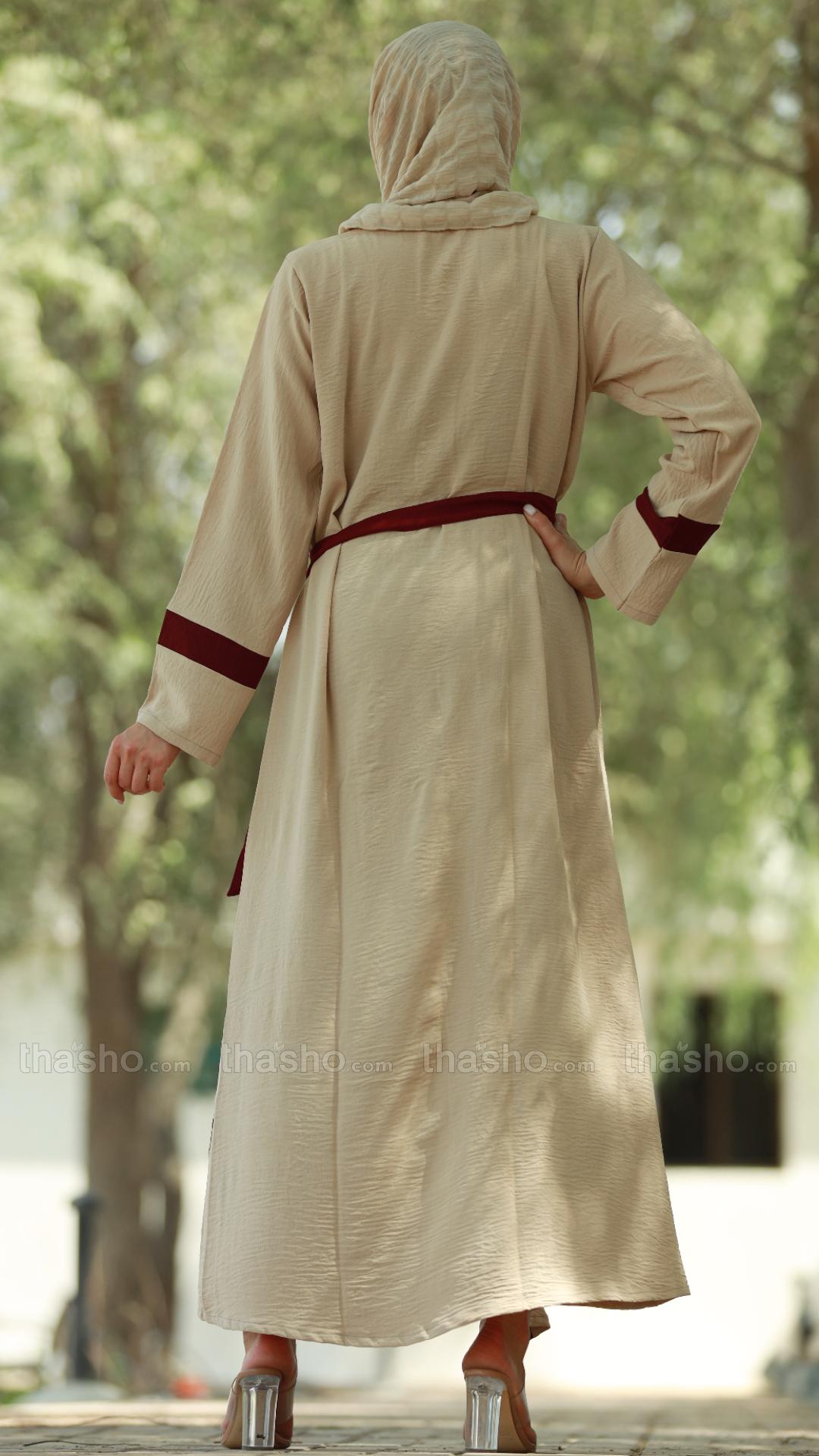 Stylish Cream CEY Modest Dress with Maroon Band Work and a Belt