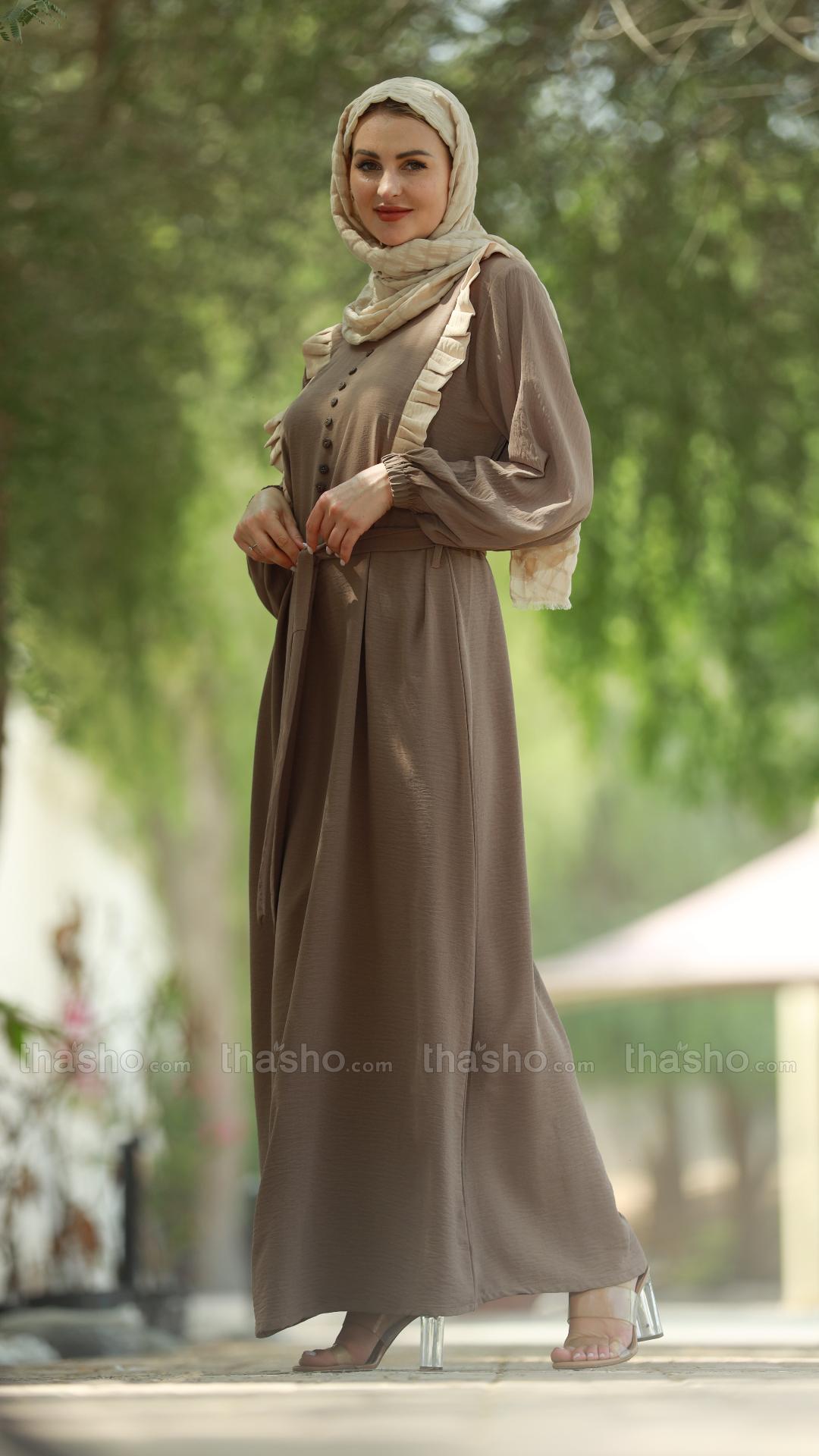 Brown Modest Dress with Frill Work Show Buttons on the Front and a Belt