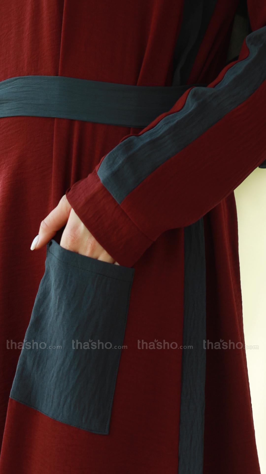 Maroon and Dark Grey Modest Dress with a One Side Pocket and a Belt 