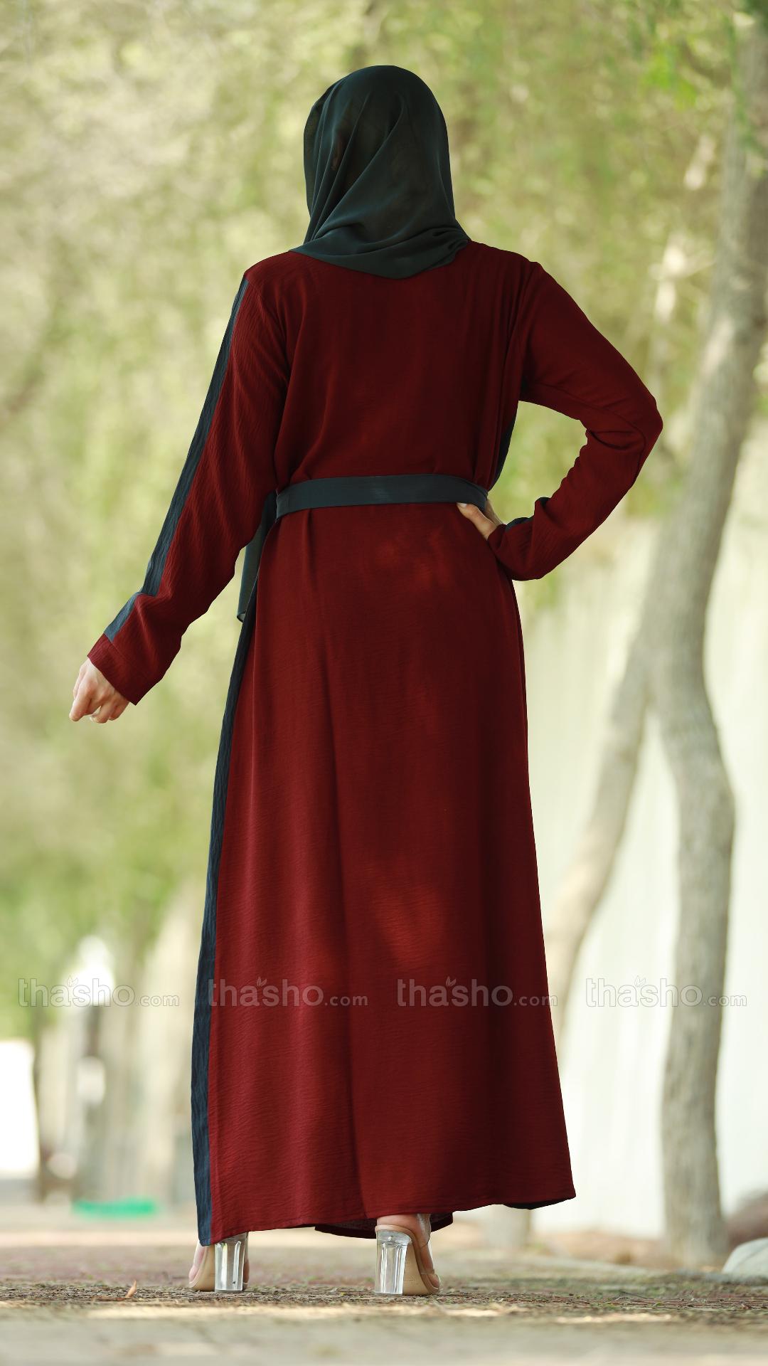 Maroon and Dark Grey Modest Dress with a One Side Pocket and a Belt 