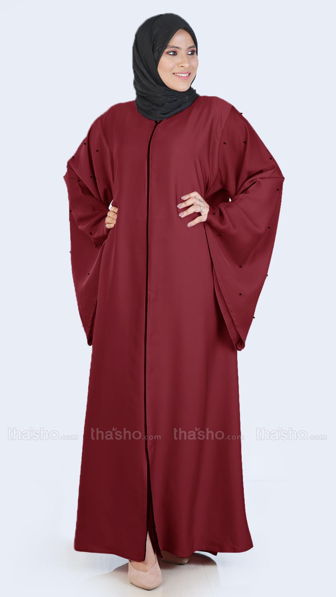 Maroon Simple Abaya with Pearl Work on the Sleeves 