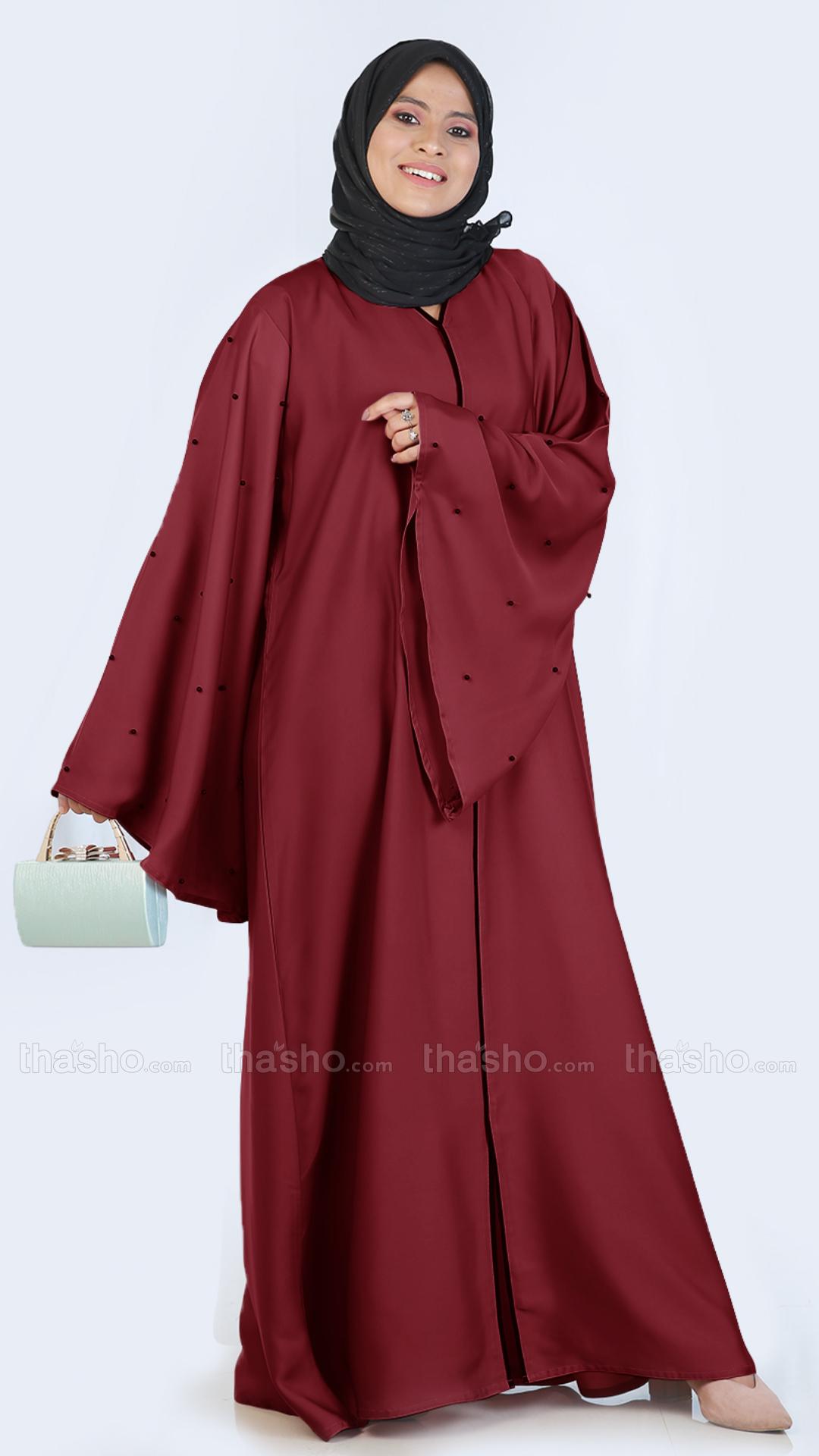 Maroon Simple Abaya with Pearl Work on the Sleeves 