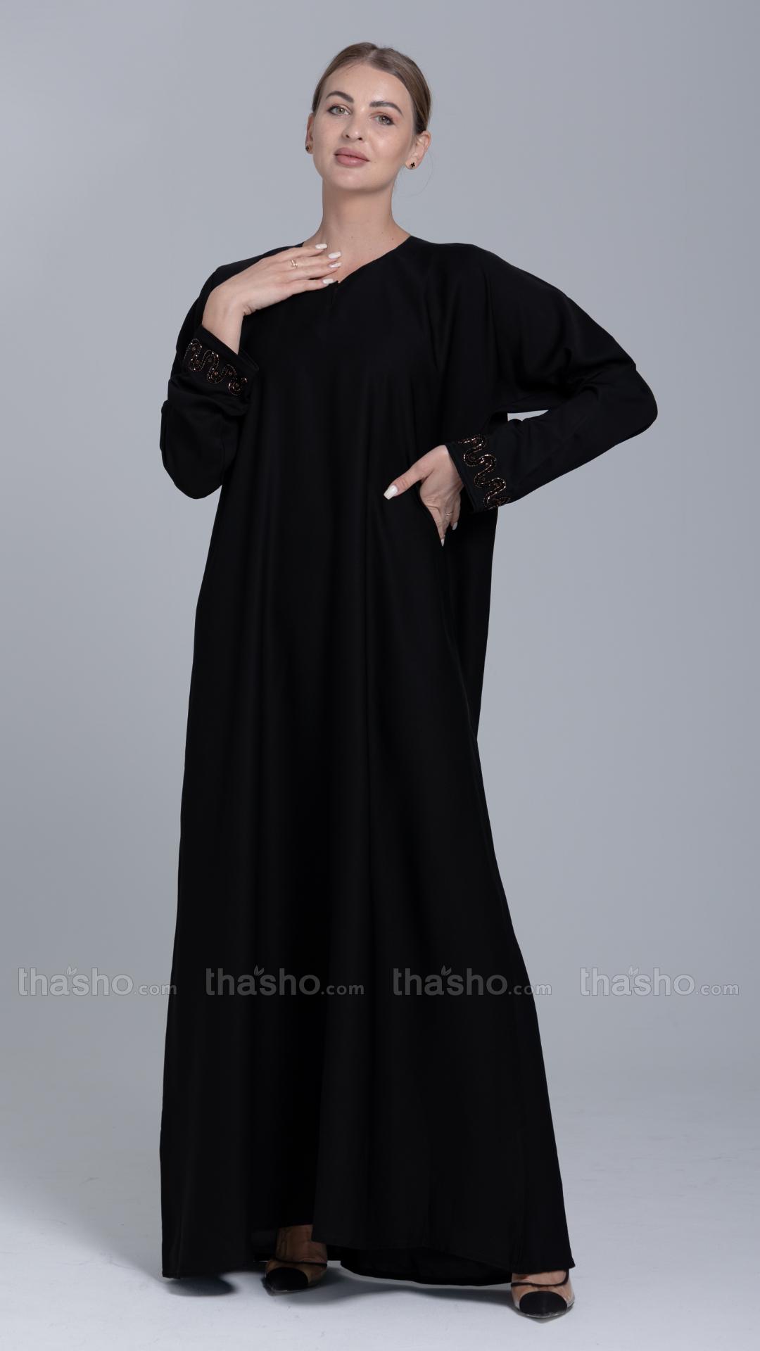 Back Nida Matte Abaya with Handwork on the Sleeves