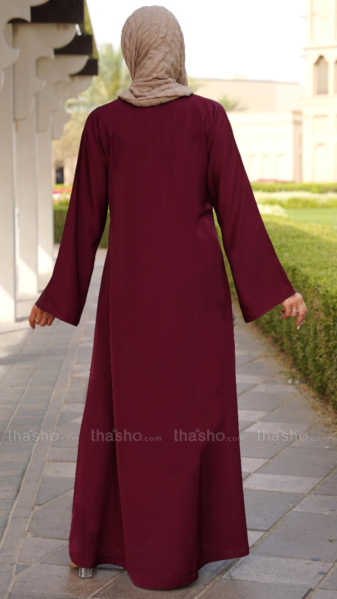 Stylish Beige and Maroon Abaya with a Slit at the Front and Show Buttons