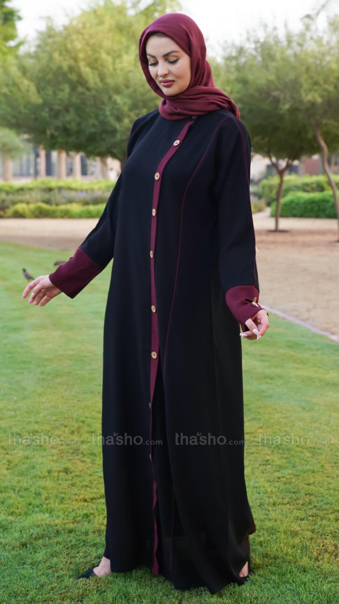 Stylish Black and Maroon Masha Crepe Abaya with Show Buttons and Piping on the Front and Sleeves