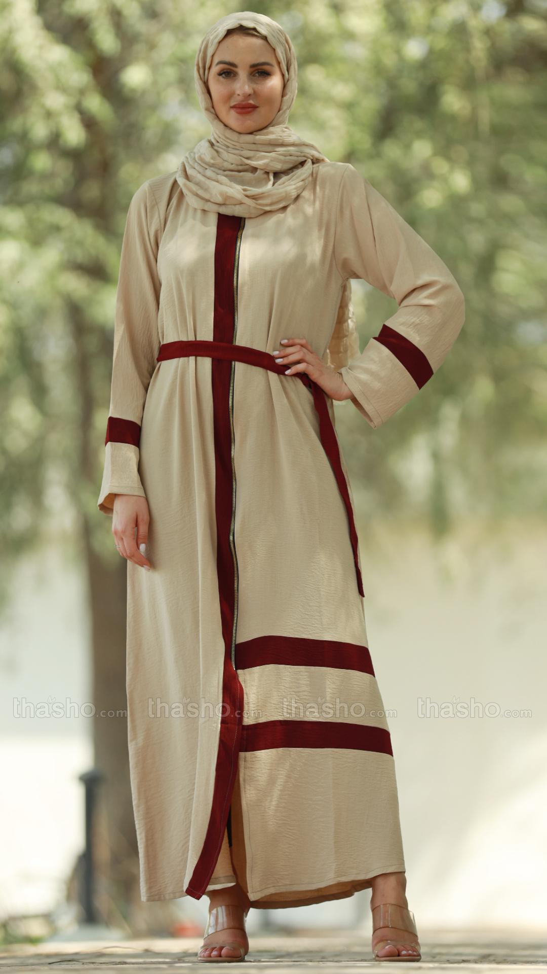 Stylish Cream CEY Modest Dress with Maroon Band Work and a Belt