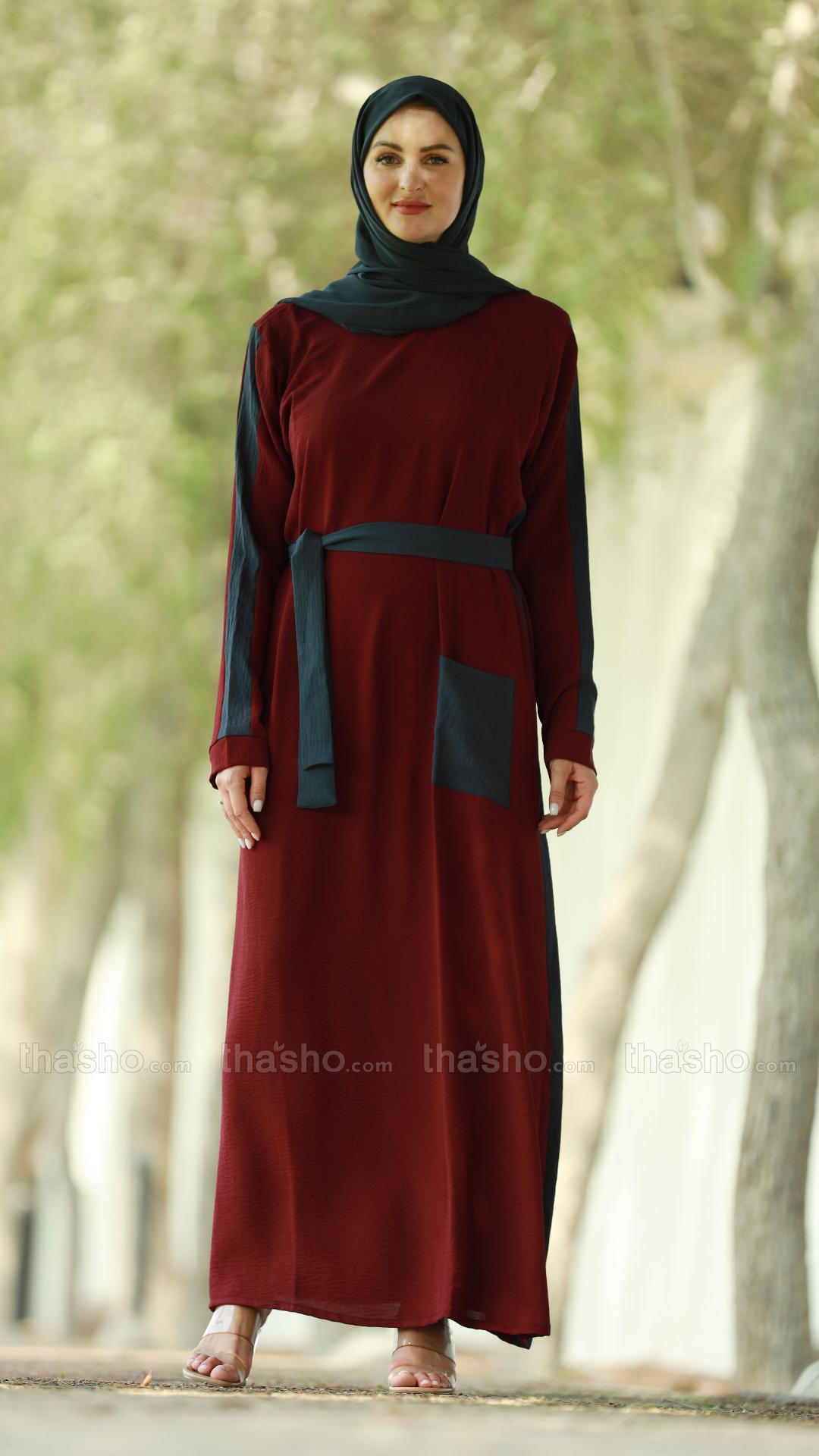 Maroon and Dark Grey Modest Dress with a One Side Pocket and a Belt 