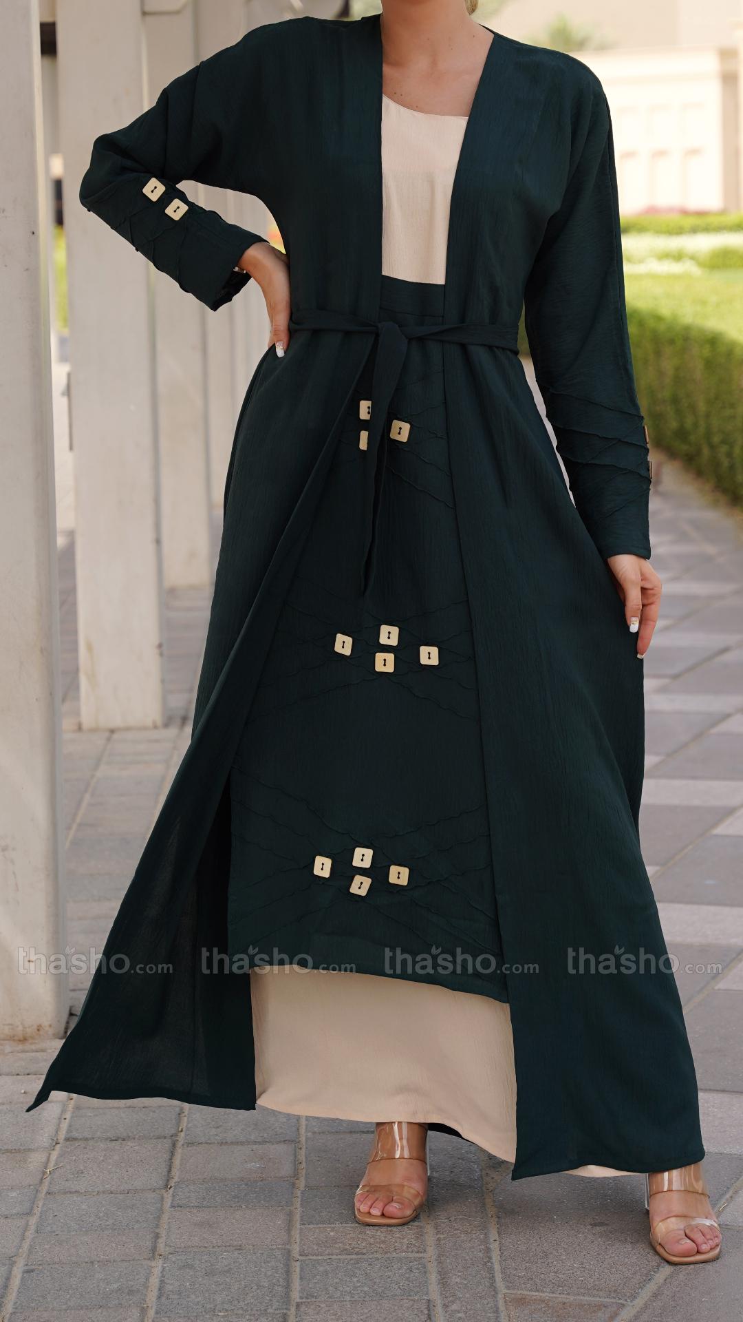 Cream and Dark Green Shrug Abaya with a Belt and Show Buttons on the Front 