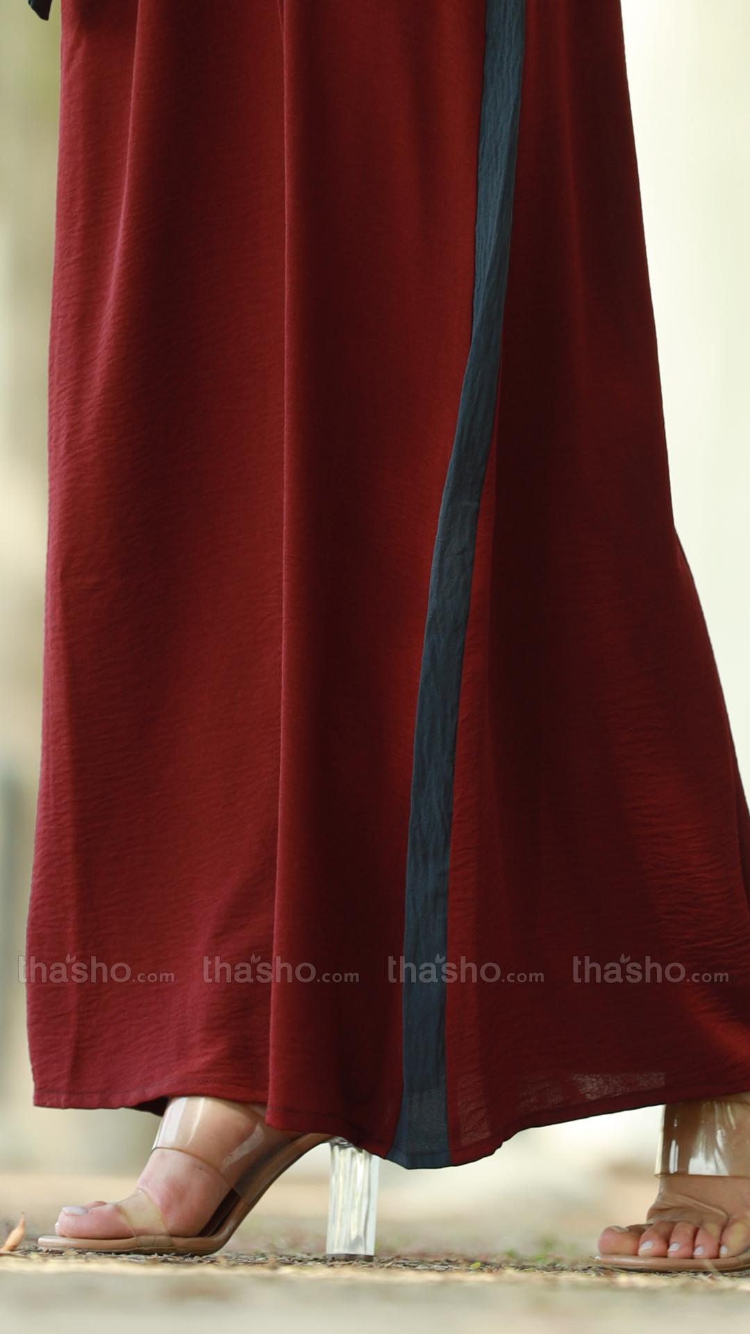 Maroon and Dark Grey Modest Dress with a One Side Pocket and a Belt 