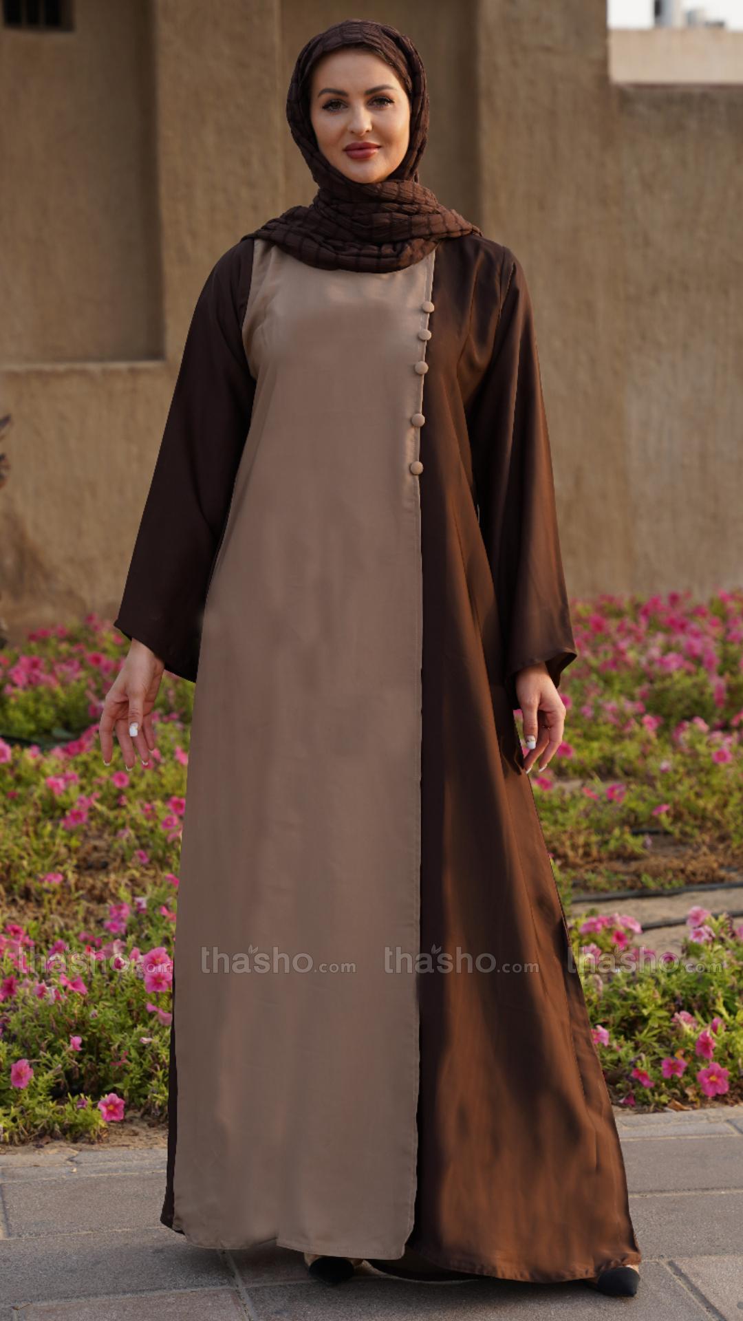 Coffee Brown and Beige Abaya with Show Buttons on the Front 