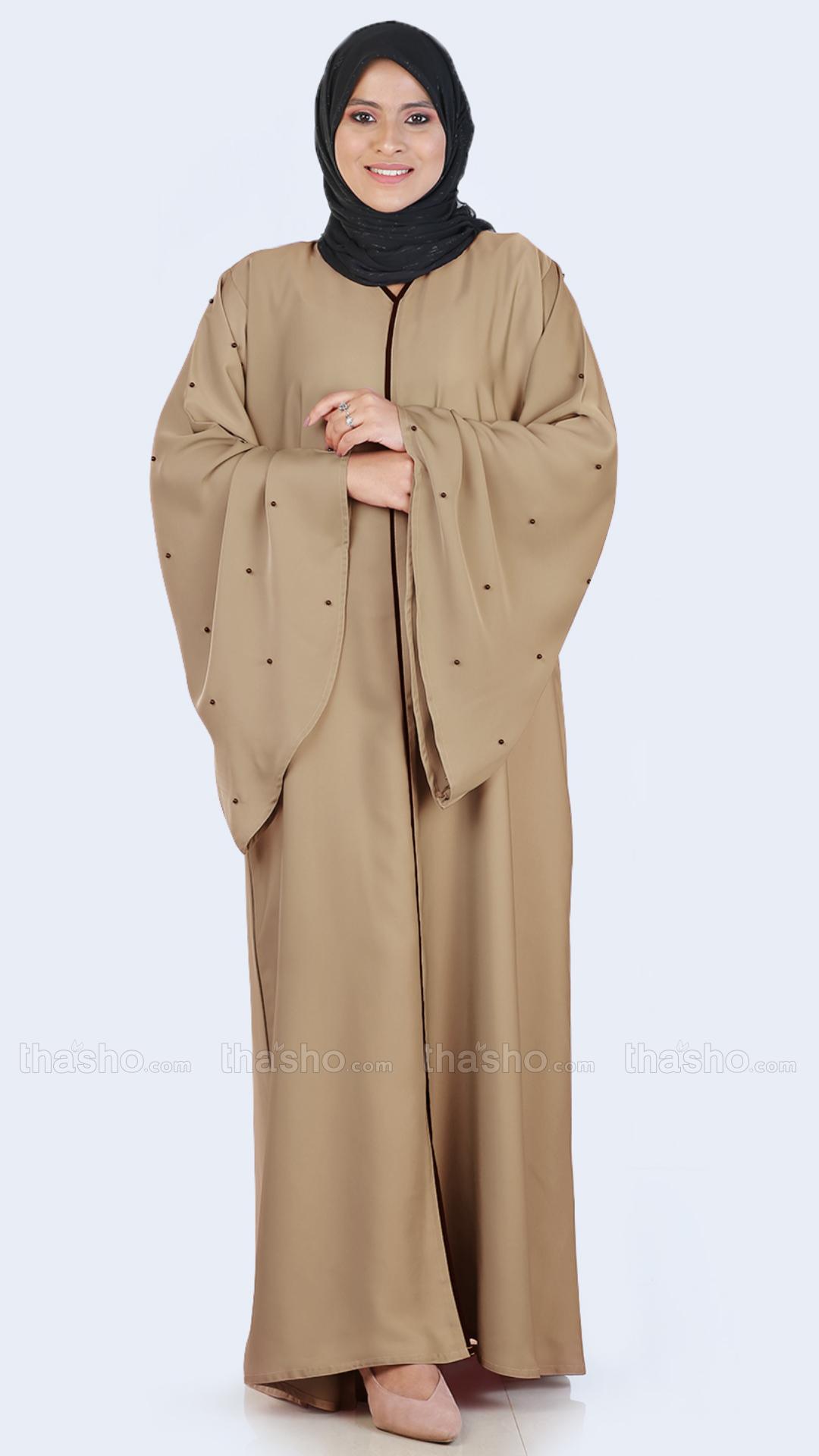 Beige Simple Abaya with Pearl Work on the Sleeves