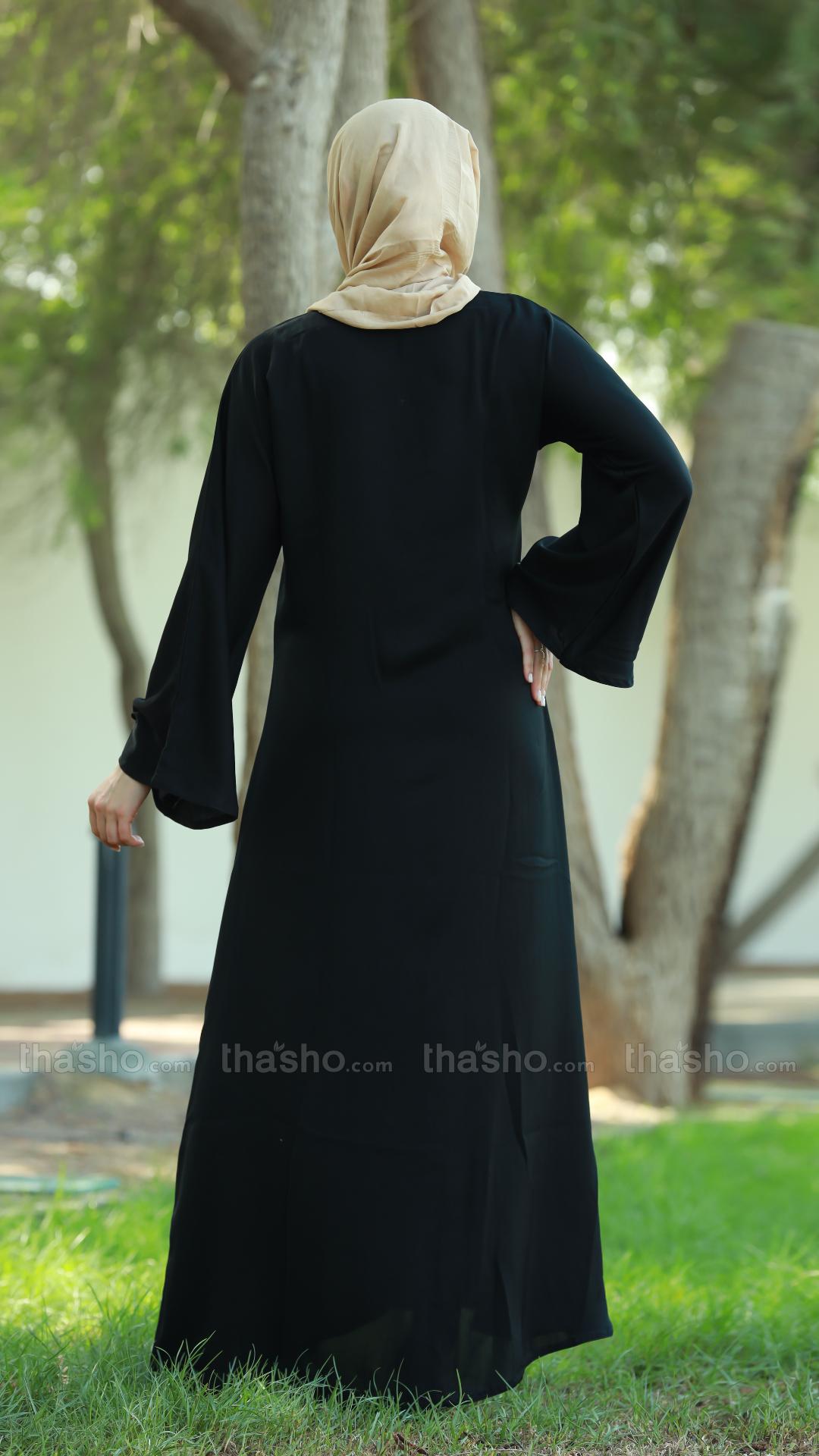 Black Nida Matte Abaya with Beige Band Work