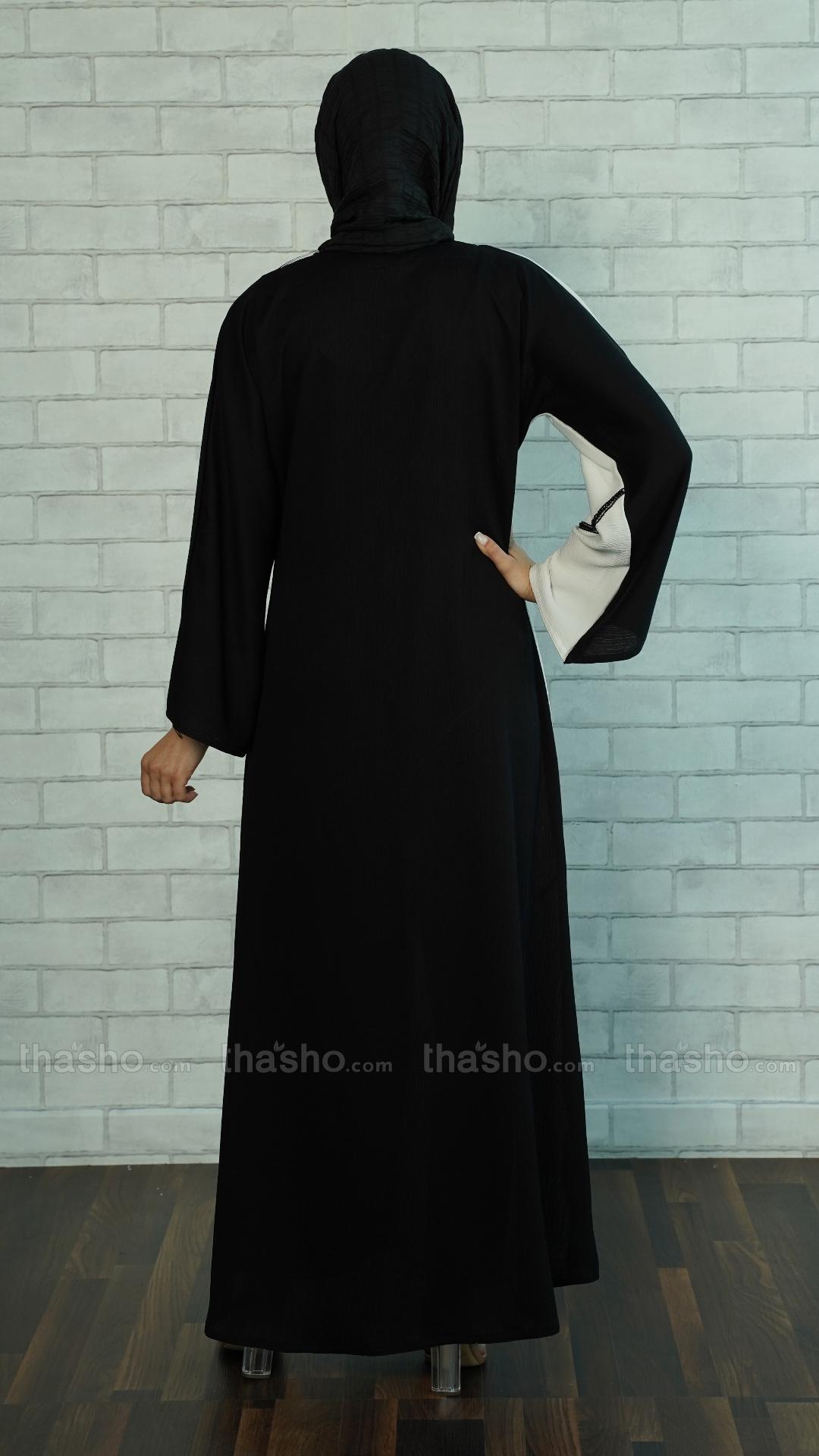 Black and White Abaya with Handwork on the Front 