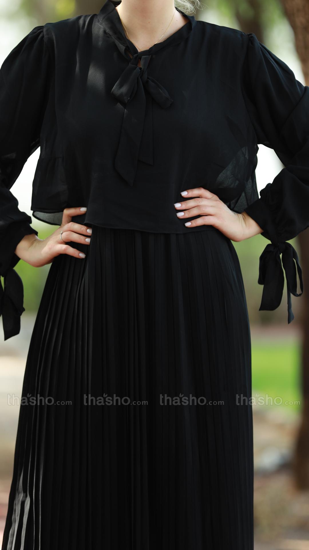 Black Pleated Modest Dress with a TieUp Neck and Sleeves 