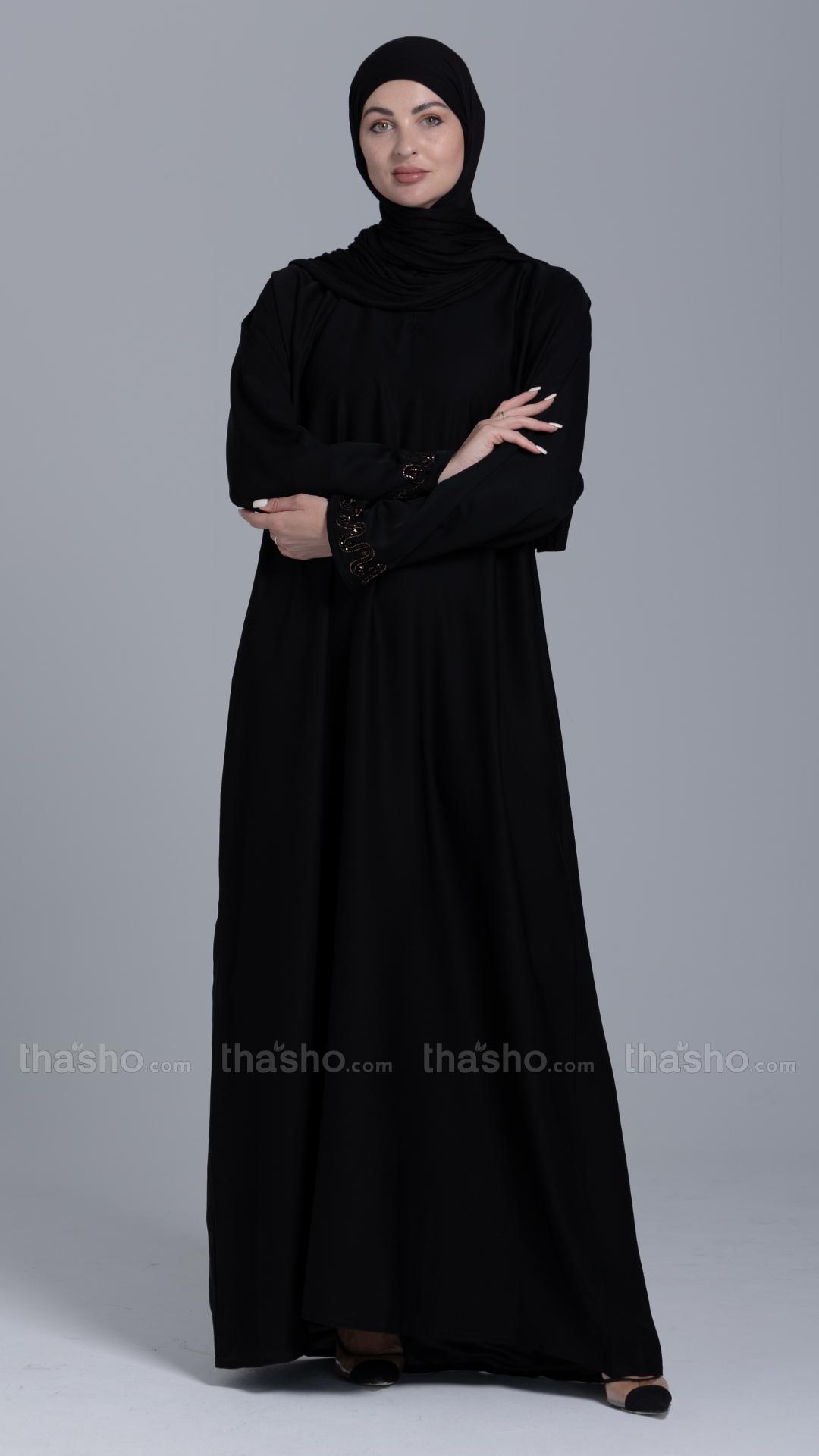 Back Nida Matte Abaya with Handwork on the Sleeves