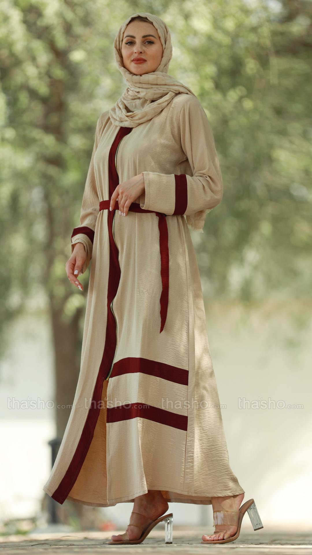 Stylish Cream CEY Modest Dress with Maroon Band Work and a Belt