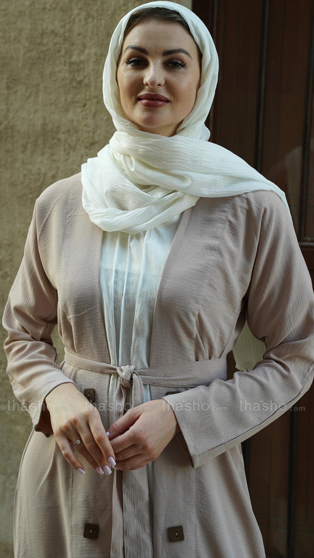 Off White and Almond Modest Dress with a Shrug Show Buttons on the Front and a Belt