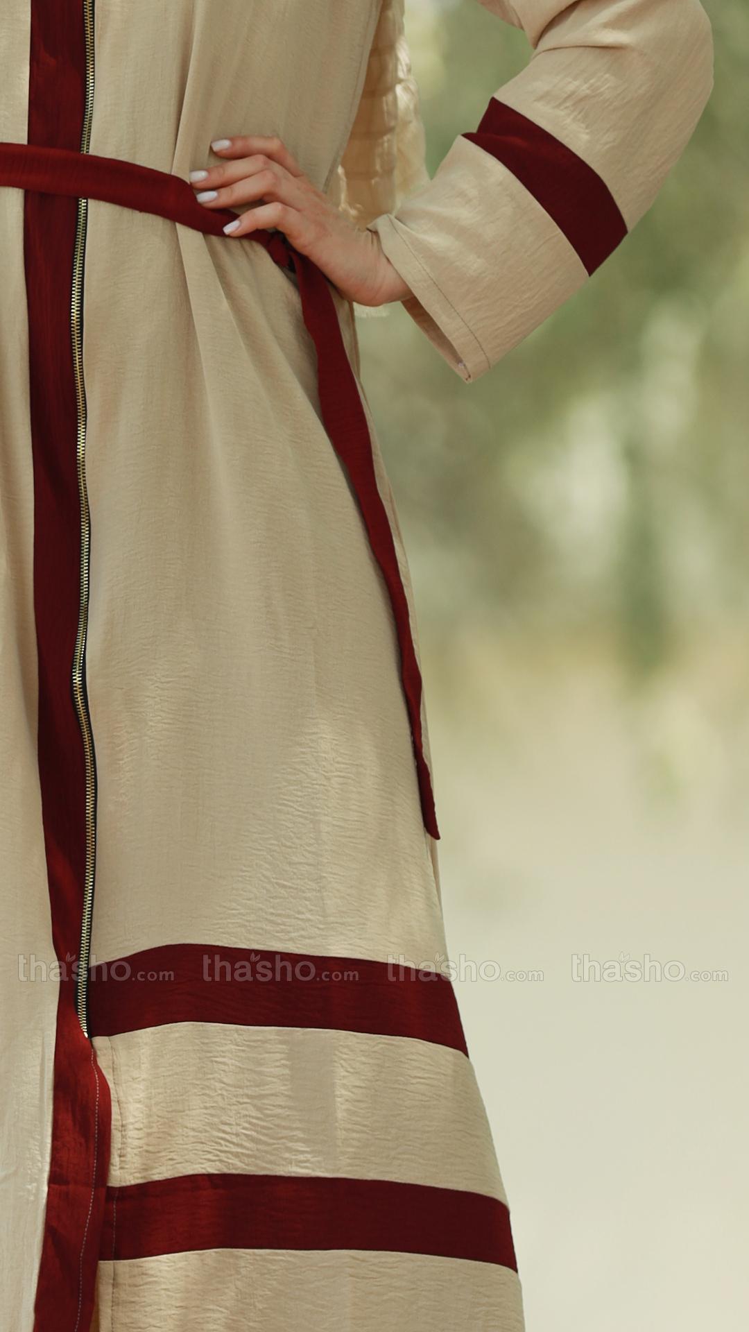 Stylish Cream CEY Modest Dress with Maroon Band Work and a Belt