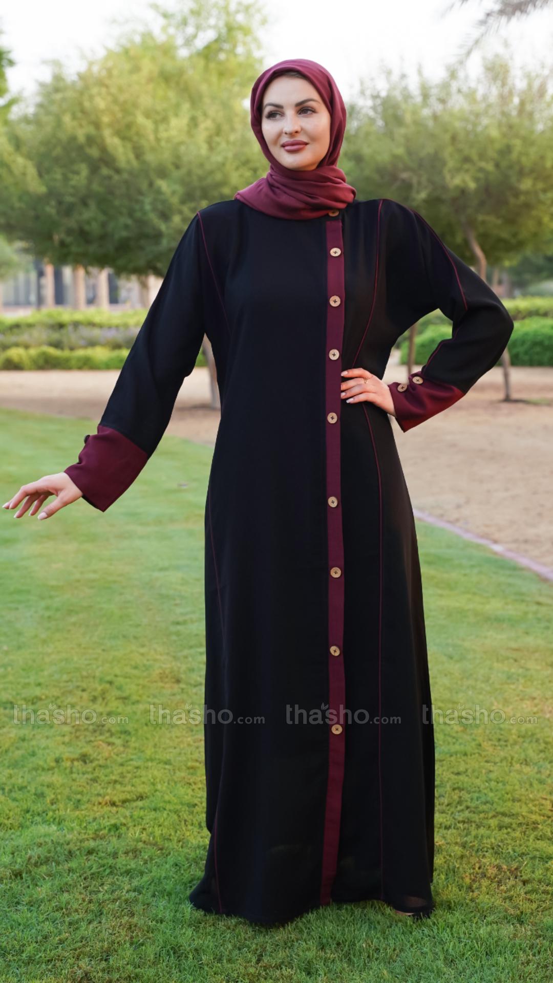 Stylish Black and Maroon Masha Crepe Abaya with Show Buttons and Piping on the Front and Sleeves