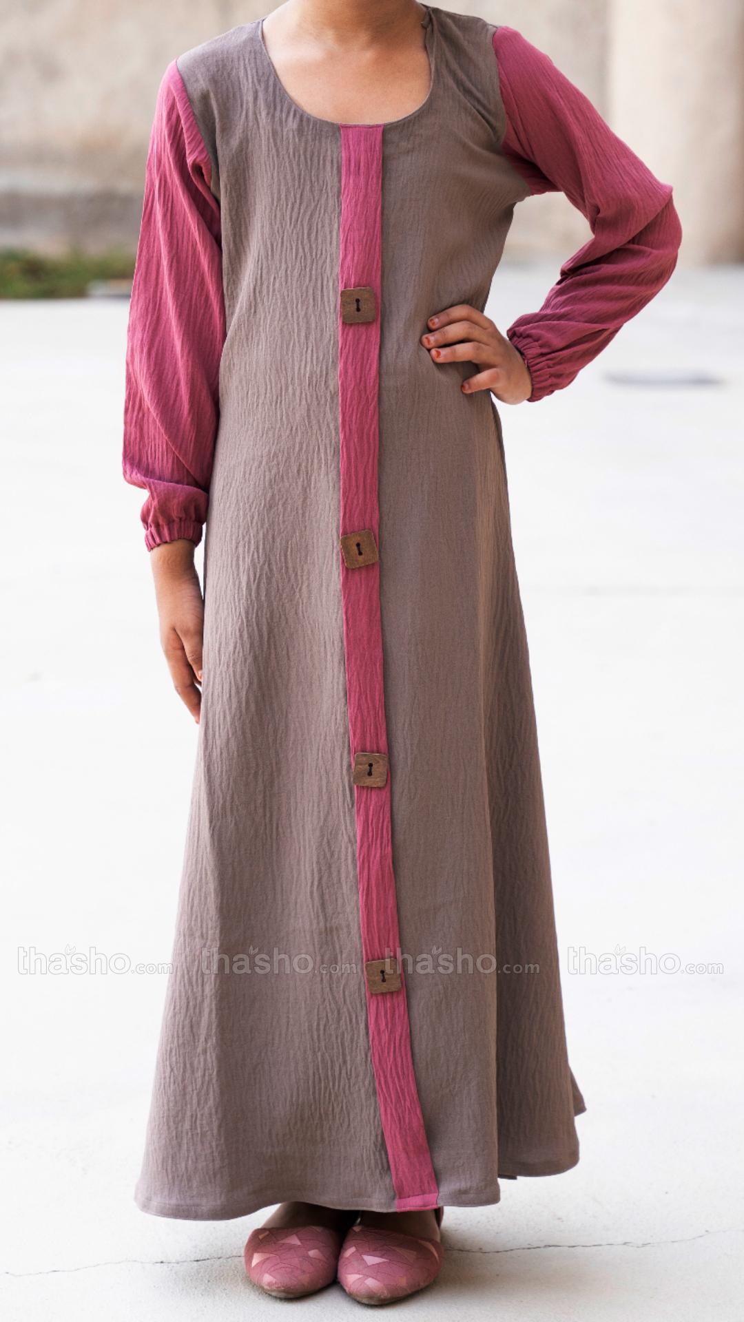 Brown and Puce Pink Kids Abaya with Show Buttons on the Front