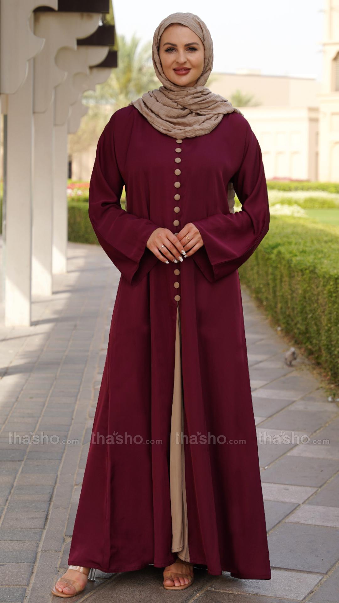 Stylish Beige and Maroon Abaya with a Slit at the Front and Show Buttons