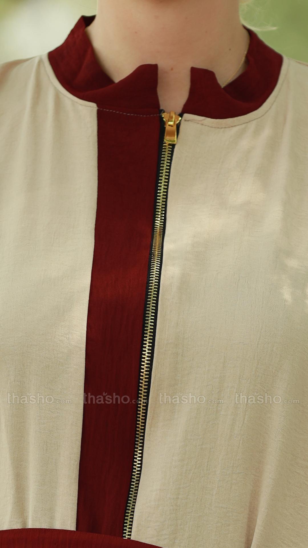Stylish Cream CEY Modest Dress with Maroon Band Work and a Belt