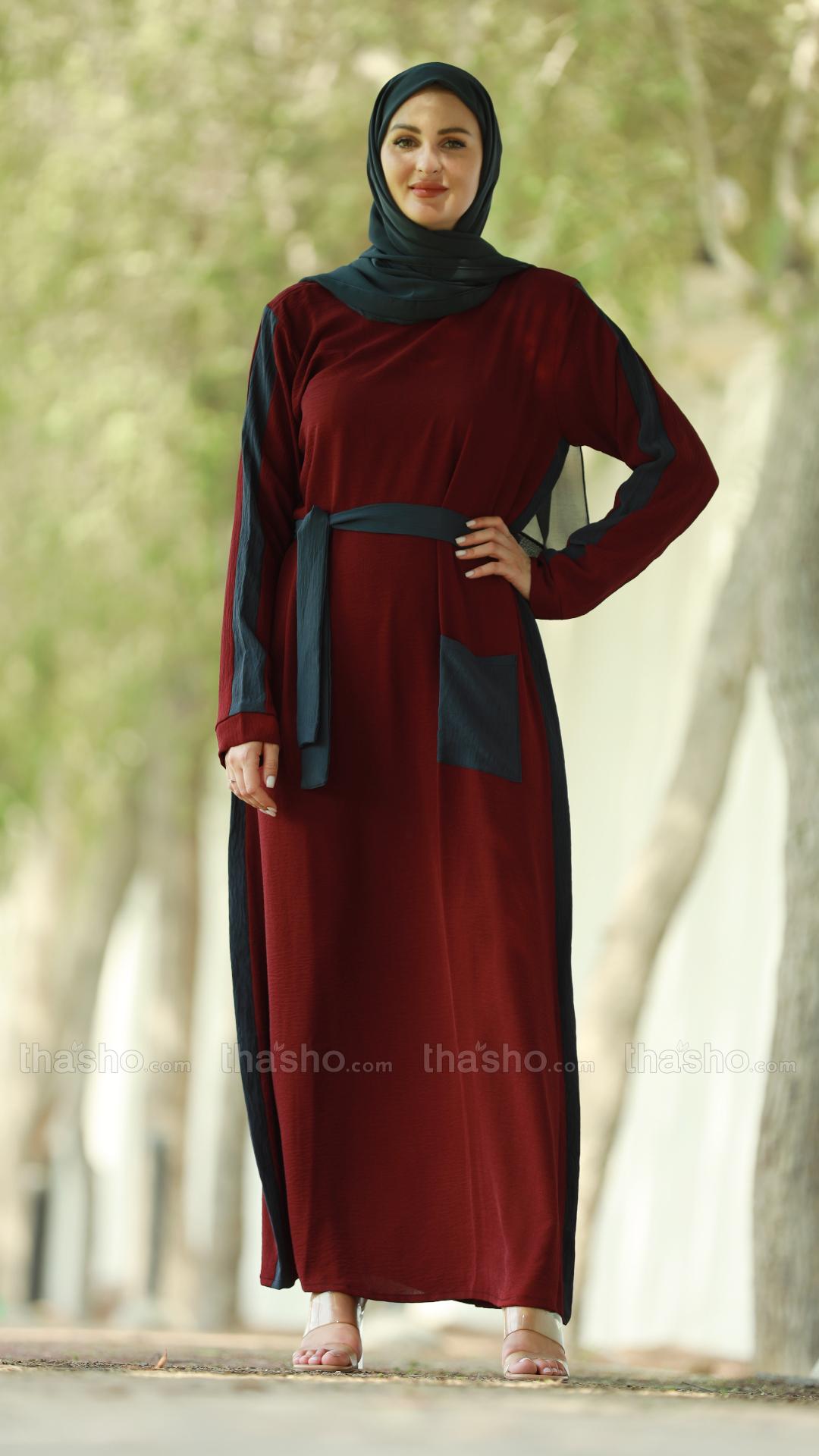 Maroon and Dark Grey Modest Dress with a One Side Pocket and a Belt 