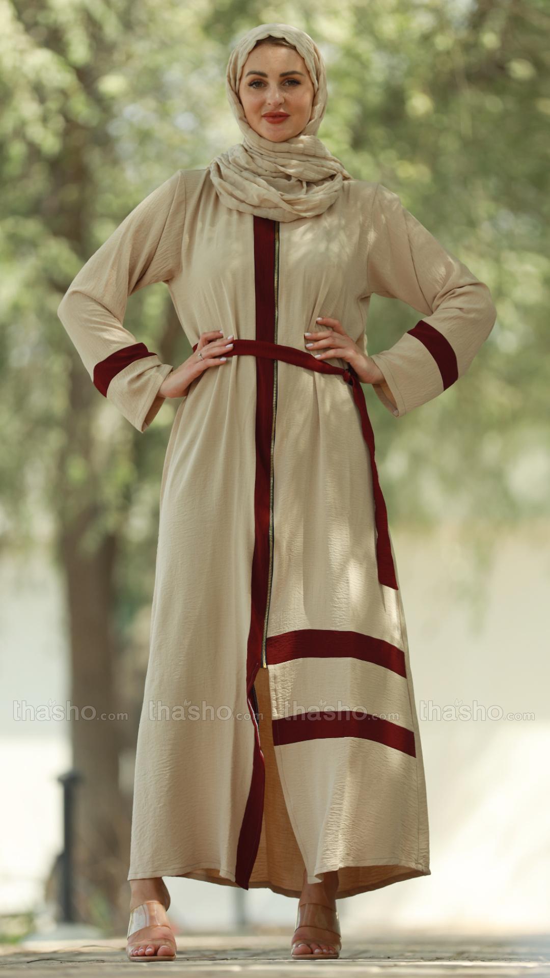 Stylish Cream CEY Modest Dress with Maroon Band Work and a Belt