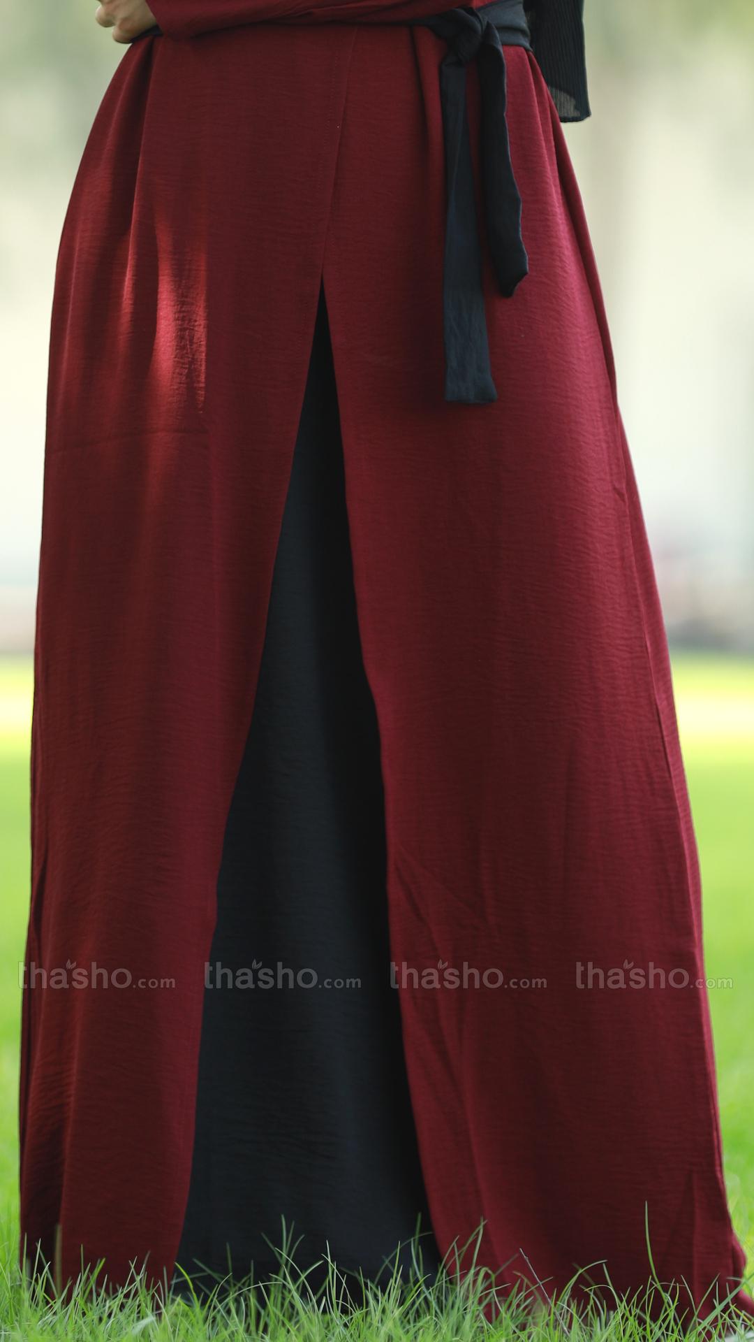 Maroon and Black Modest Dress with an Attached Shrug and a Belt
