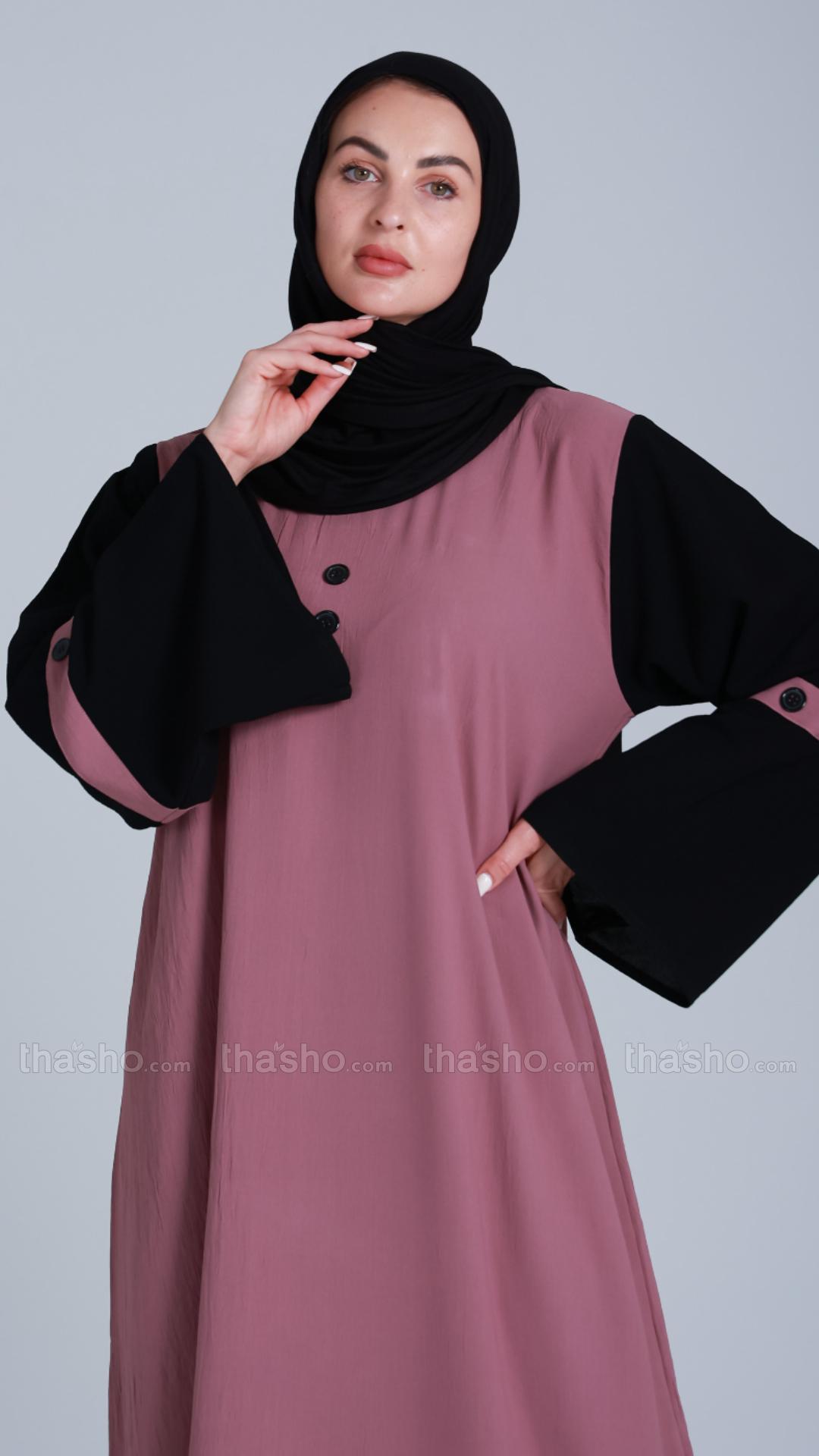 Dull Magenta Abaya with Black Show Buttons on the Front 