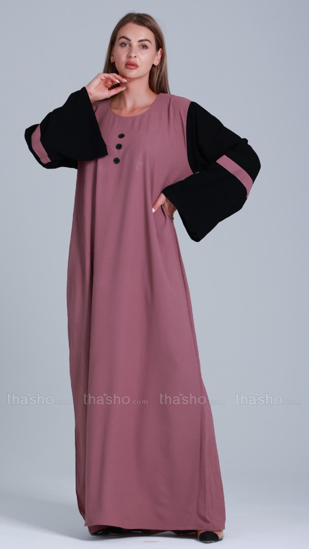 Dull Magenta Abaya with Black Show Buttons on the Front 