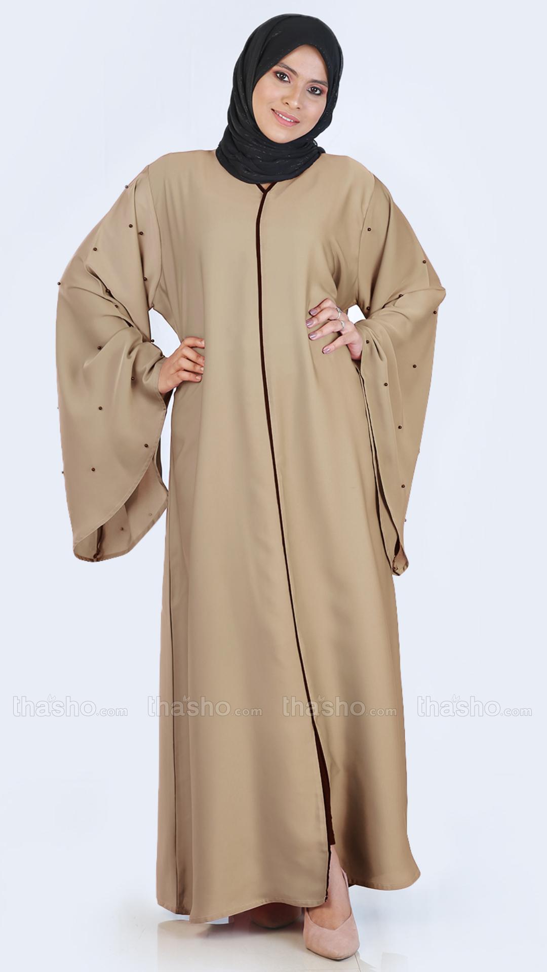 Beige Simple Abaya with Pearl Work on the Sleeves