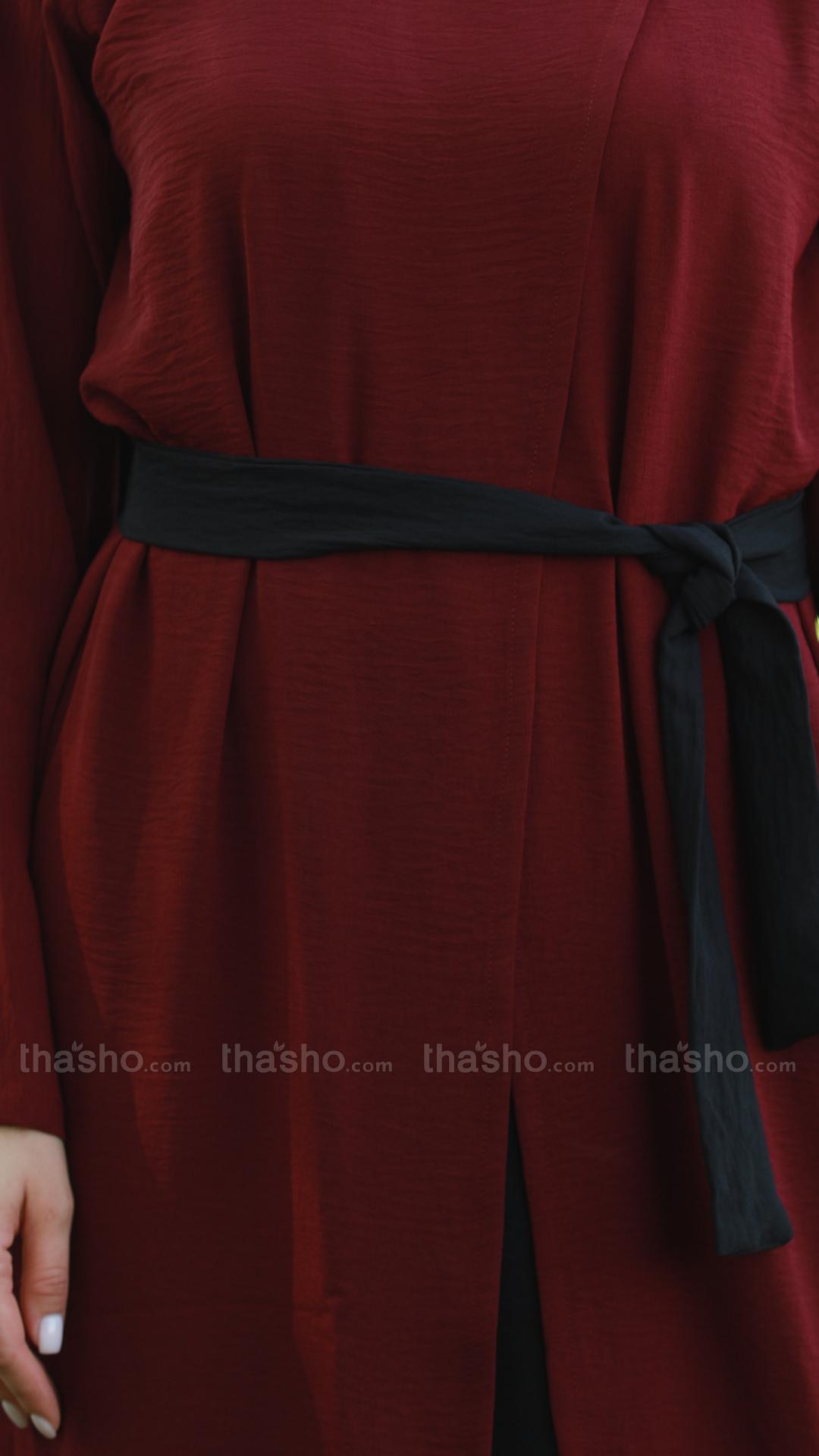 Maroon and Black Modest Dress with an Attached Shrug and a Belt