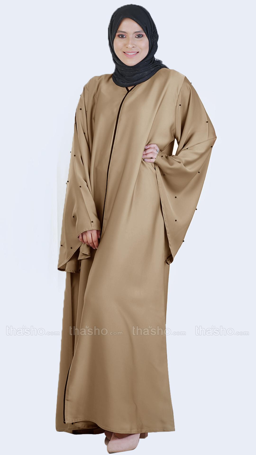 Beige Simple Abaya with Pearl Work on the Sleeves