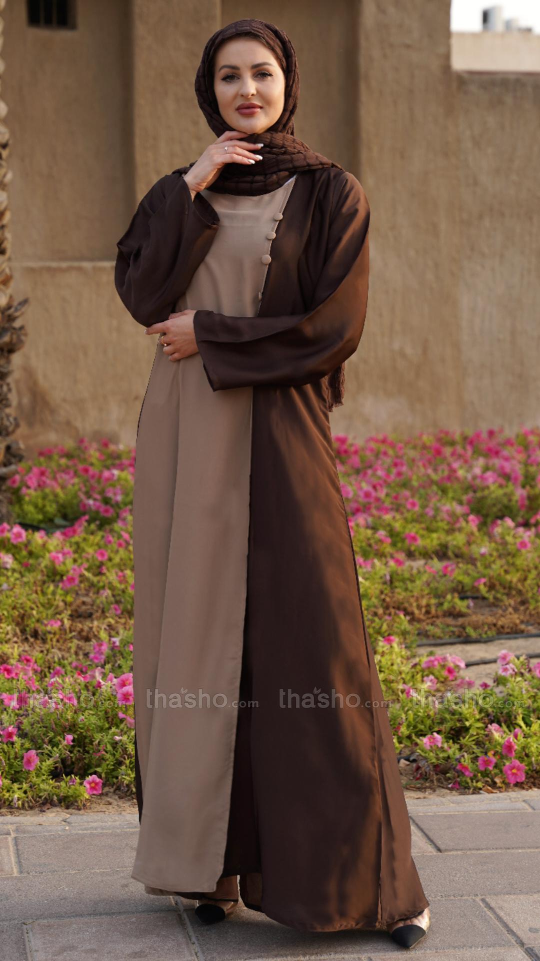 Coffee Brown and Beige Abaya with Show Buttons on the Front 