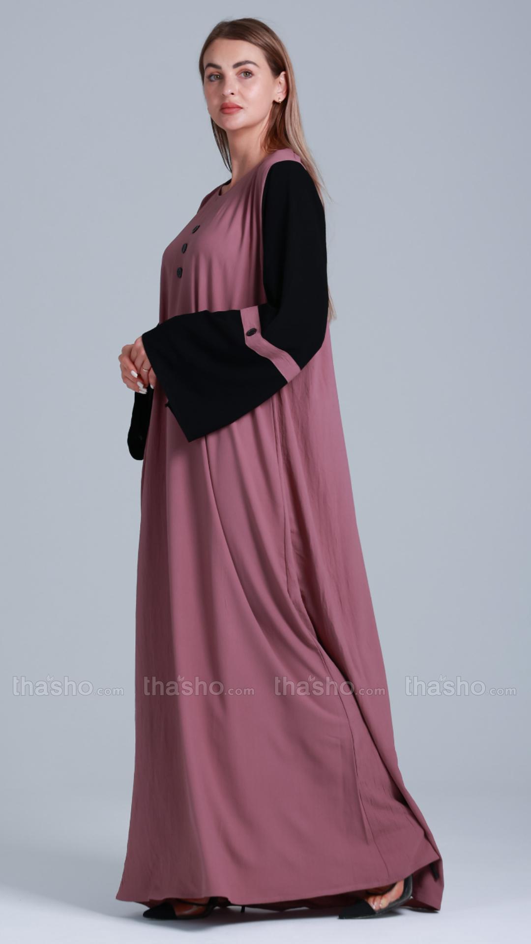 Dull Magenta Abaya with Black Show Buttons on the Front 