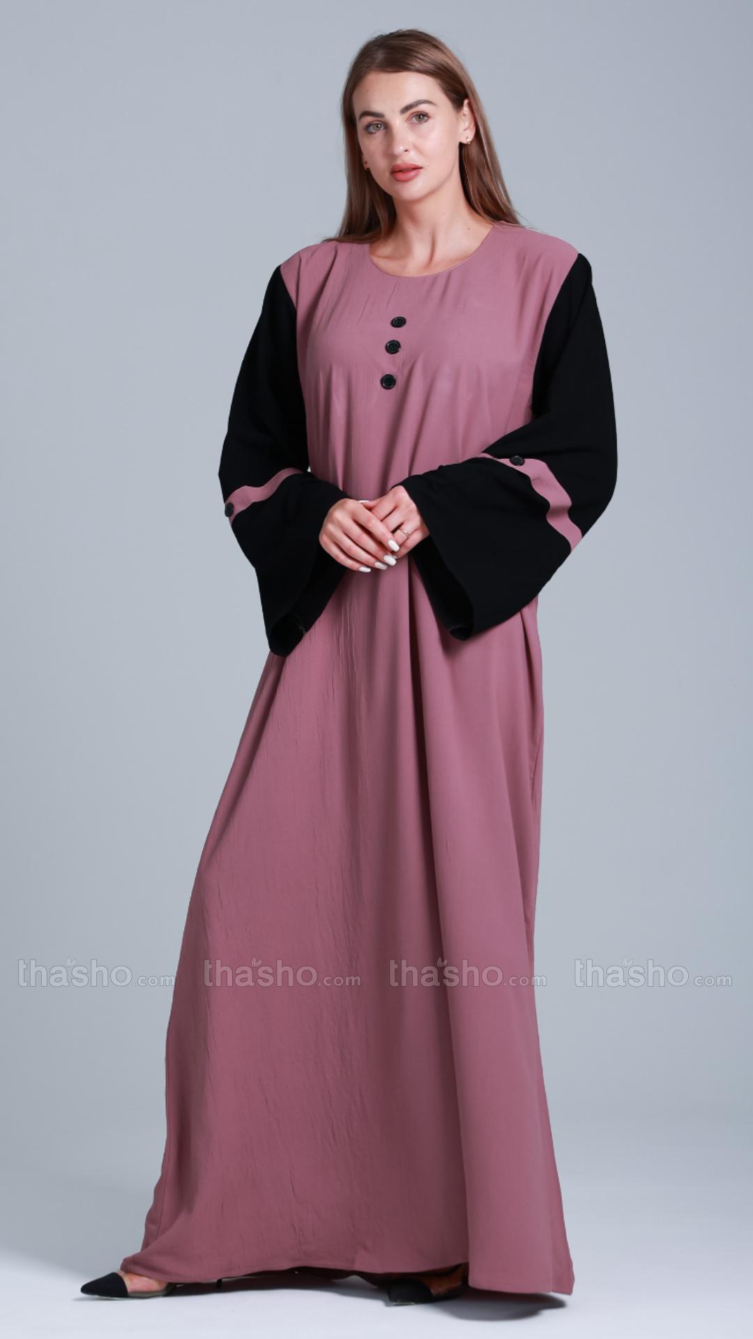 Dull Magenta Abaya with Black Show Buttons on the Front 