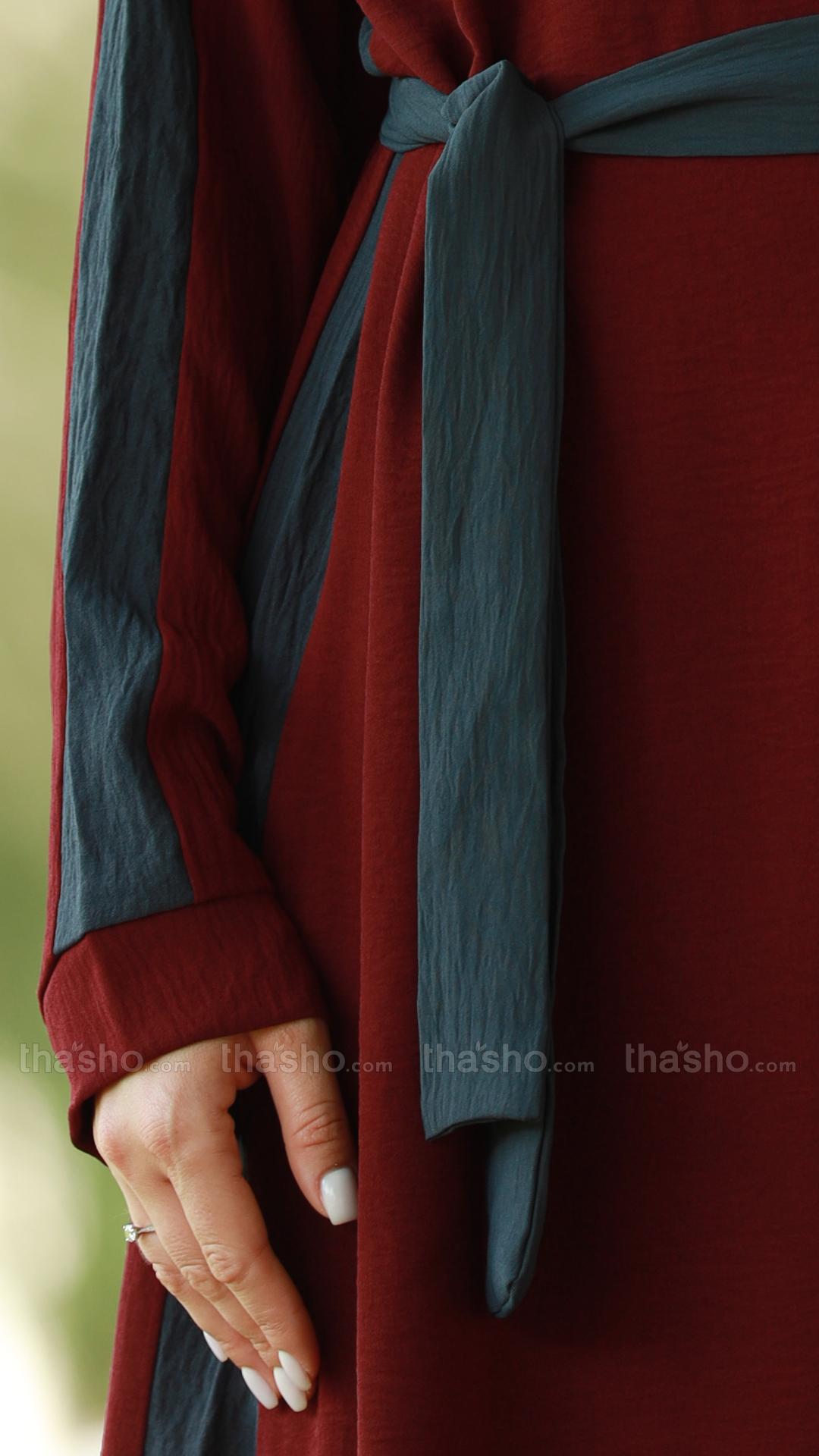 Maroon and Dark Grey Modest Dress with a One Side Pocket and a Belt 