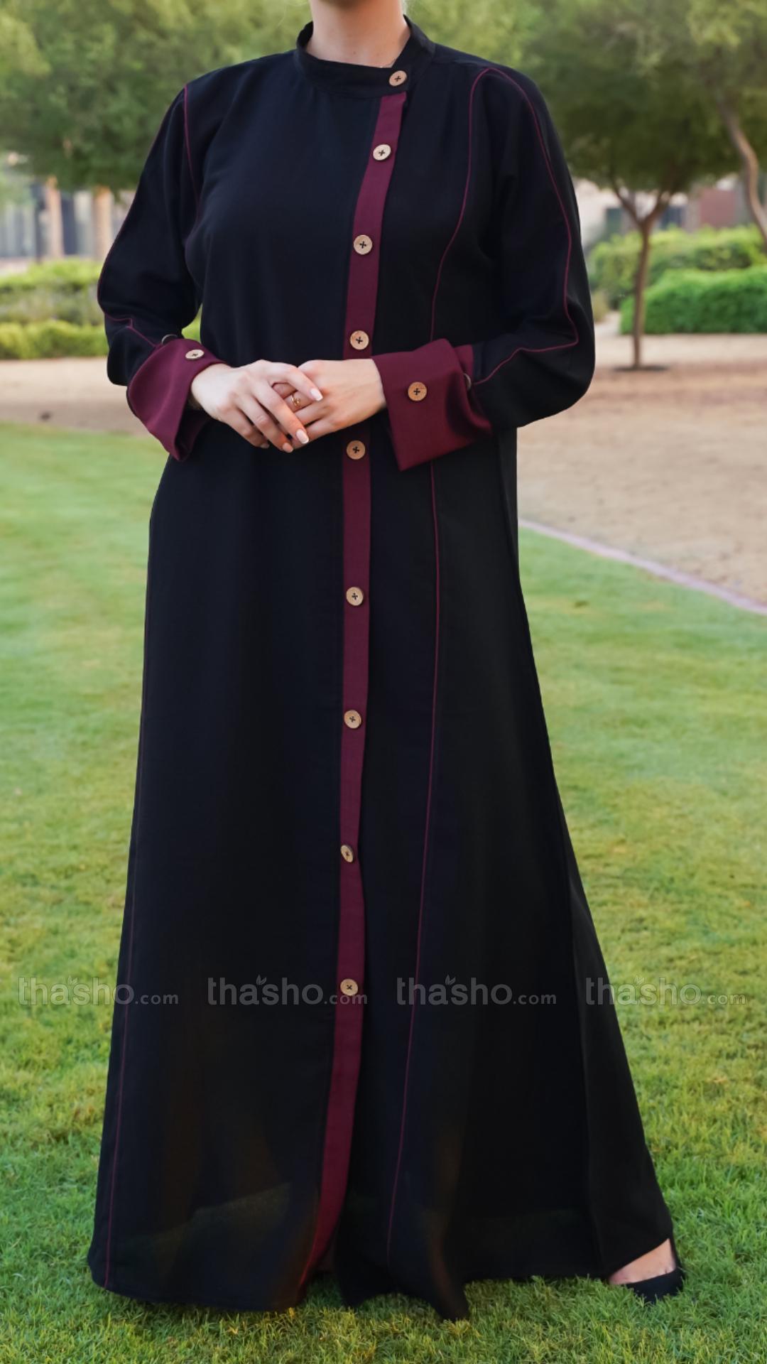 Stylish Black and Maroon Masha Crepe Abaya with Show Buttons and Piping on the Front and Sleeves