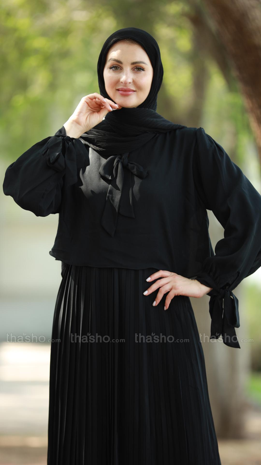 Black Pleated Modest Dress with a TieUp Neck and Sleeves 