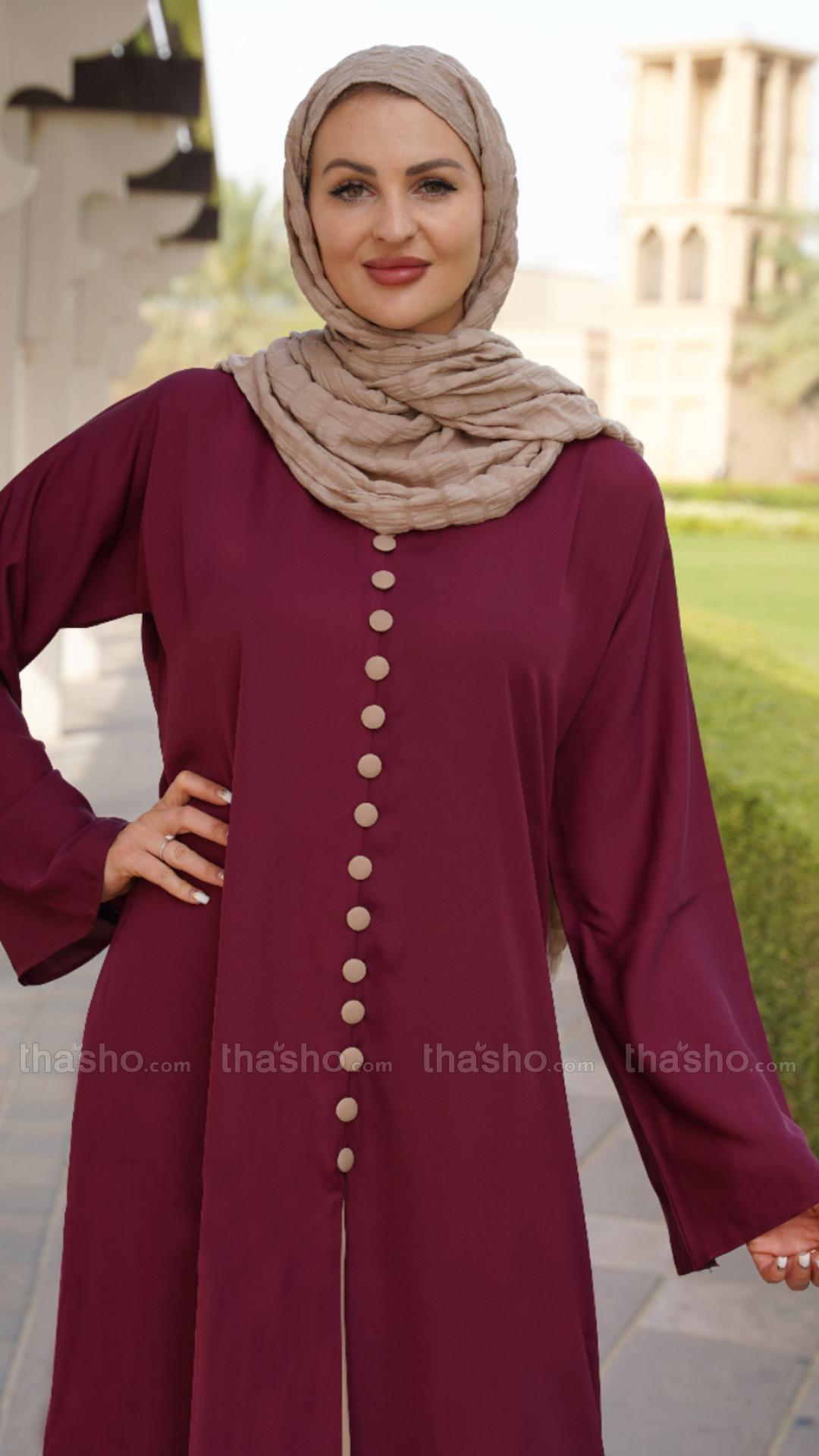 Stylish Beige and Maroon Abaya with a Slit at the Front and Show Buttons