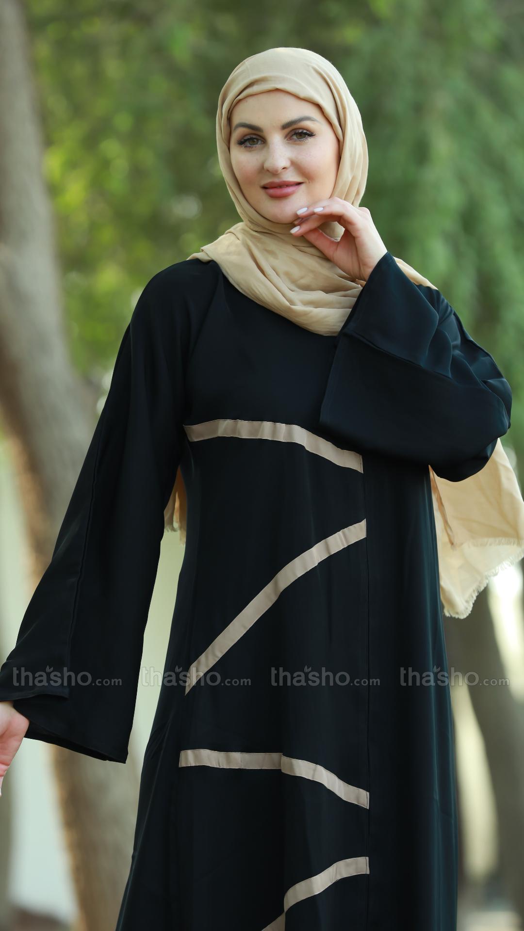 Black Nida Matte Abaya with Beige Band Work