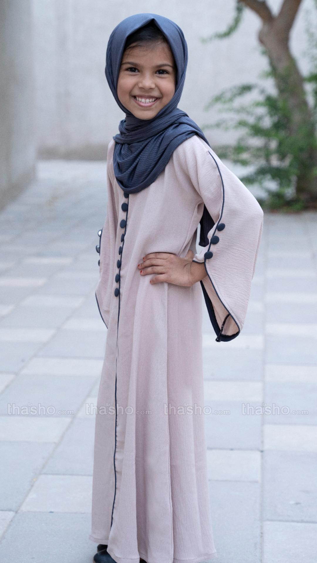 Almond Kids Abaya with Show Buttons on the Front and Sleeves 