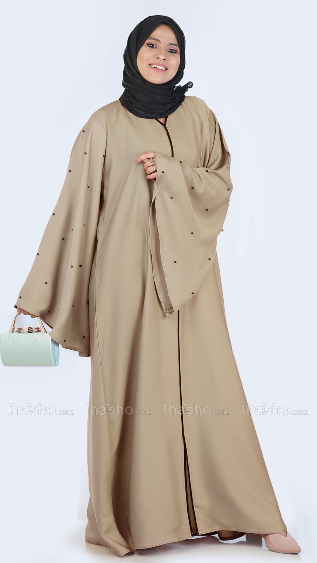 Beige Simple Abaya with Pearl Work on the Sleeves
