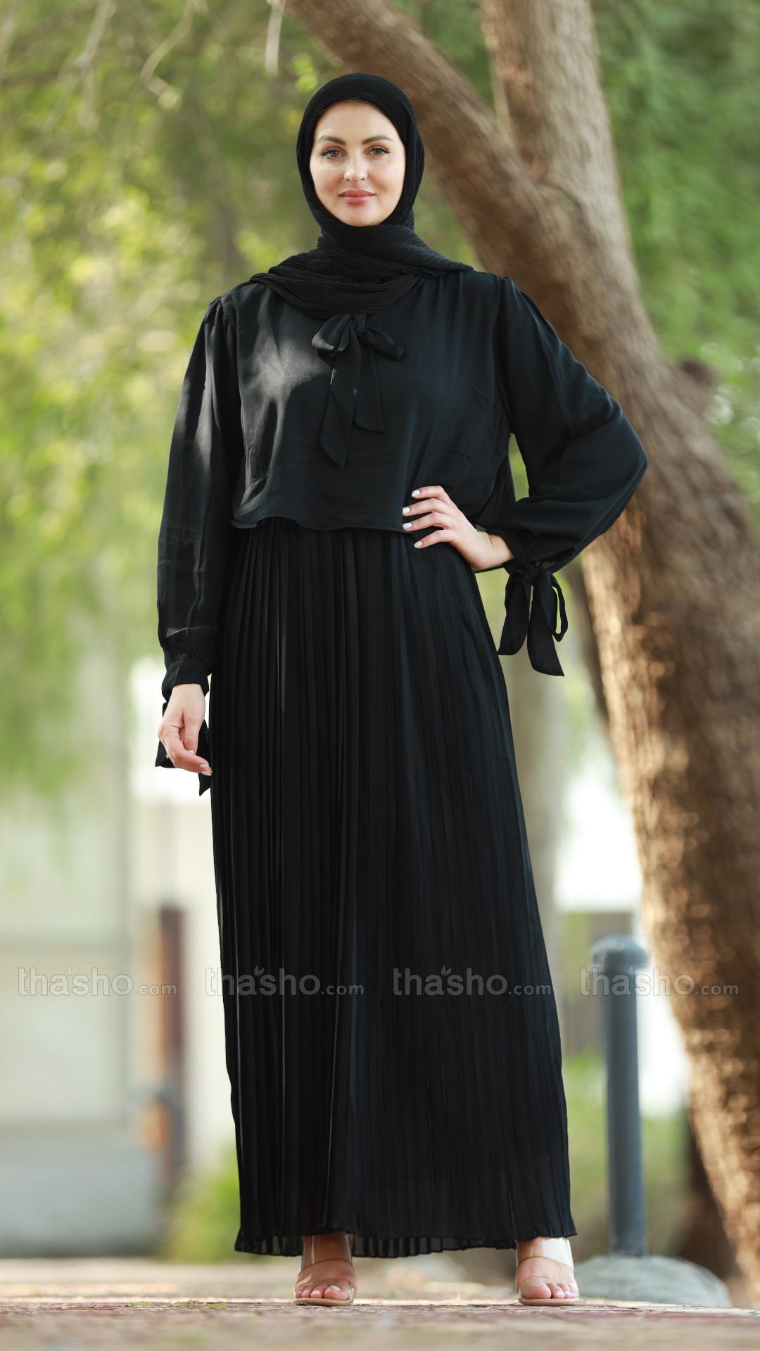 Black Pleated Modest Dress with a TieUp Neck and Sleeves 