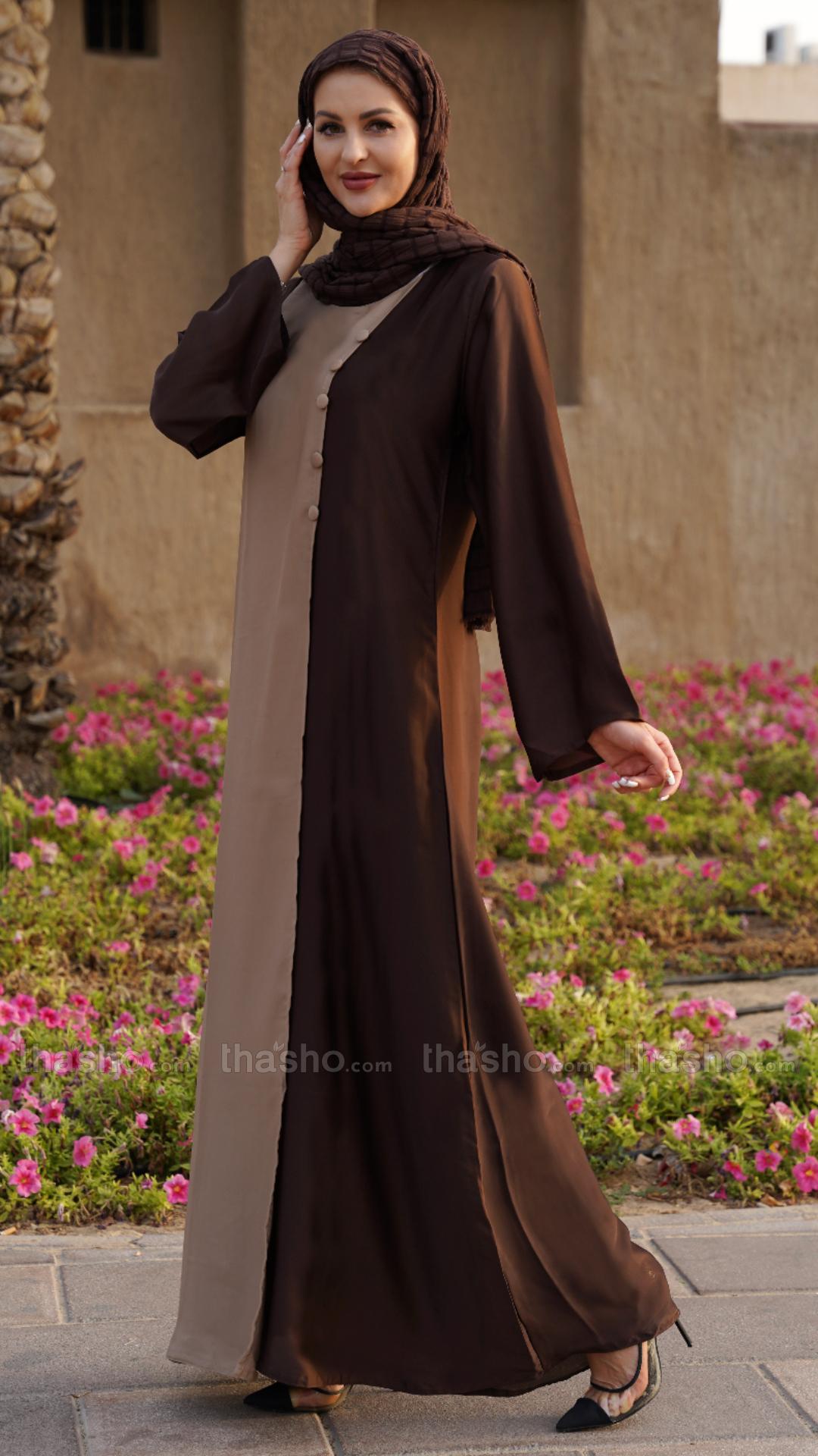 Coffee Brown and Beige Abaya with Show Buttons on the Front 